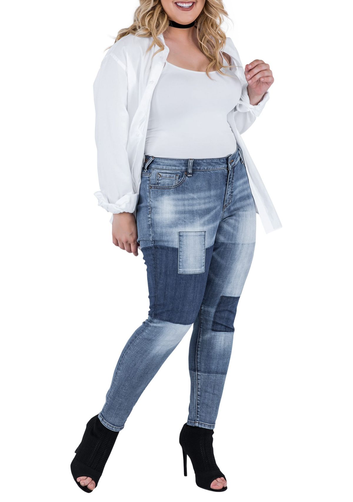 Plus Size Patchwork Indigo Stretch Jeans