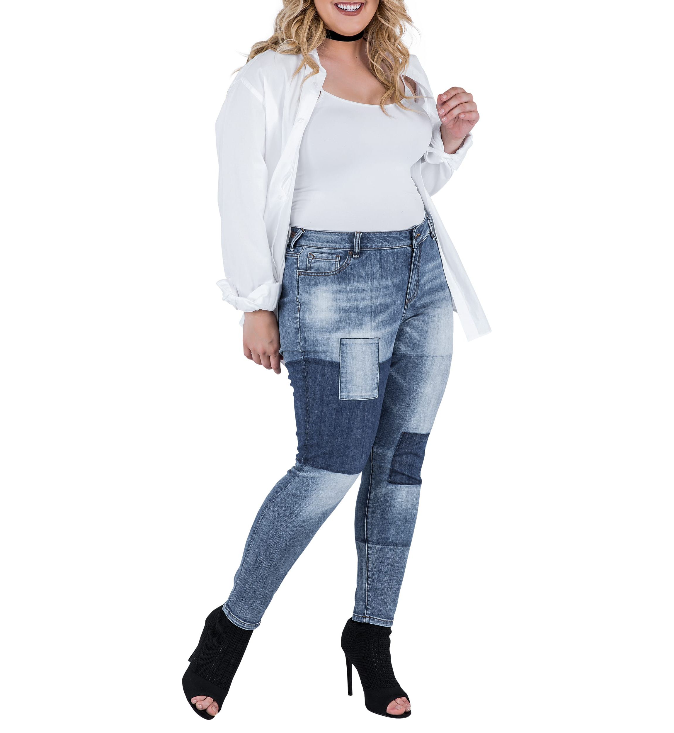 Plus Size Patchwork Indigo Stretch Jeans