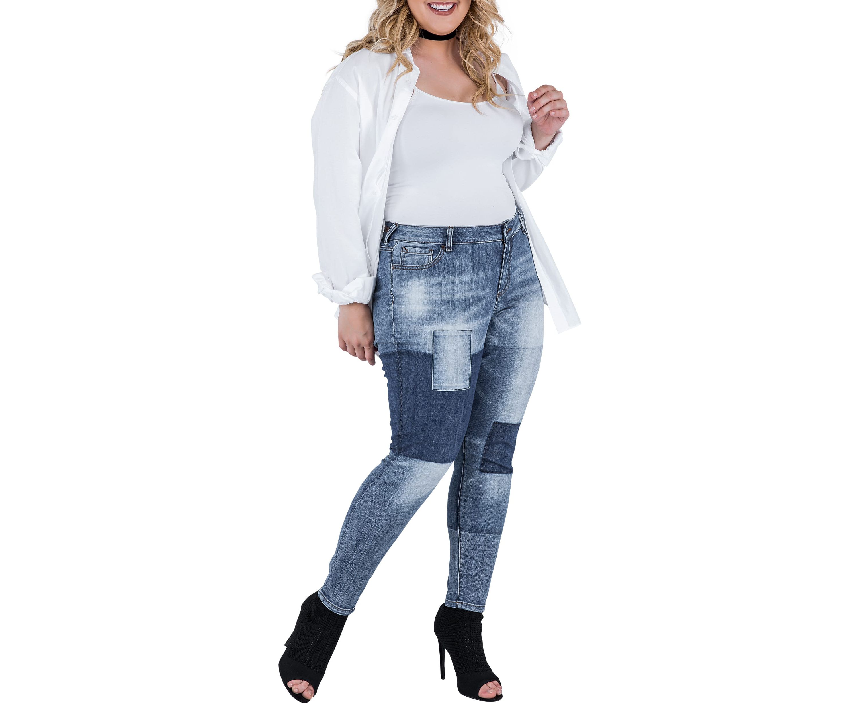Plus Size Patchwork Indigo Stretch Jeans