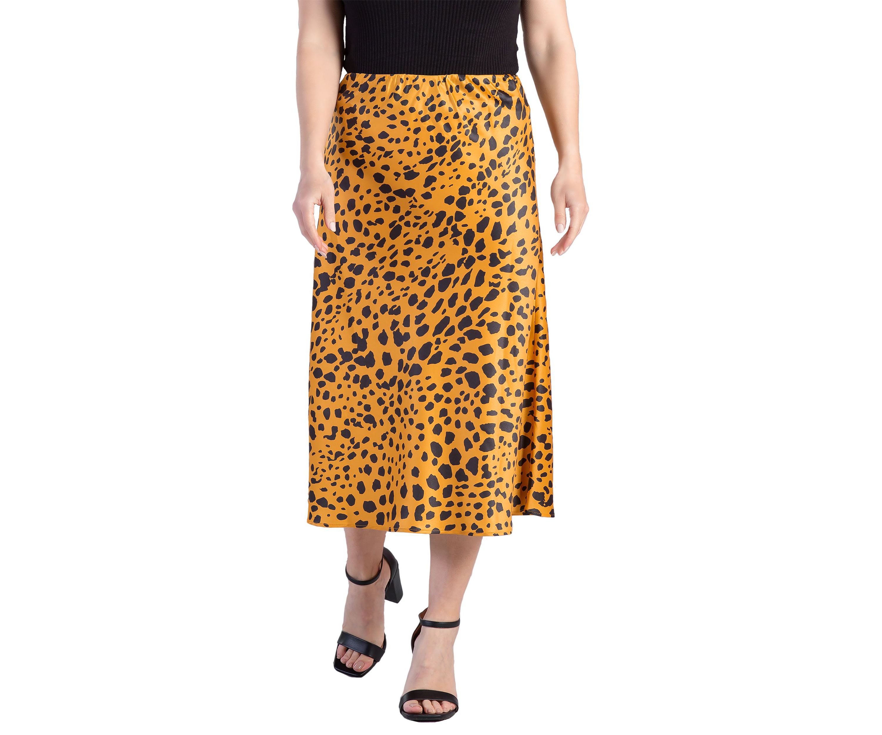 Womens Silky Sateen Leopard Print Midi Skirt