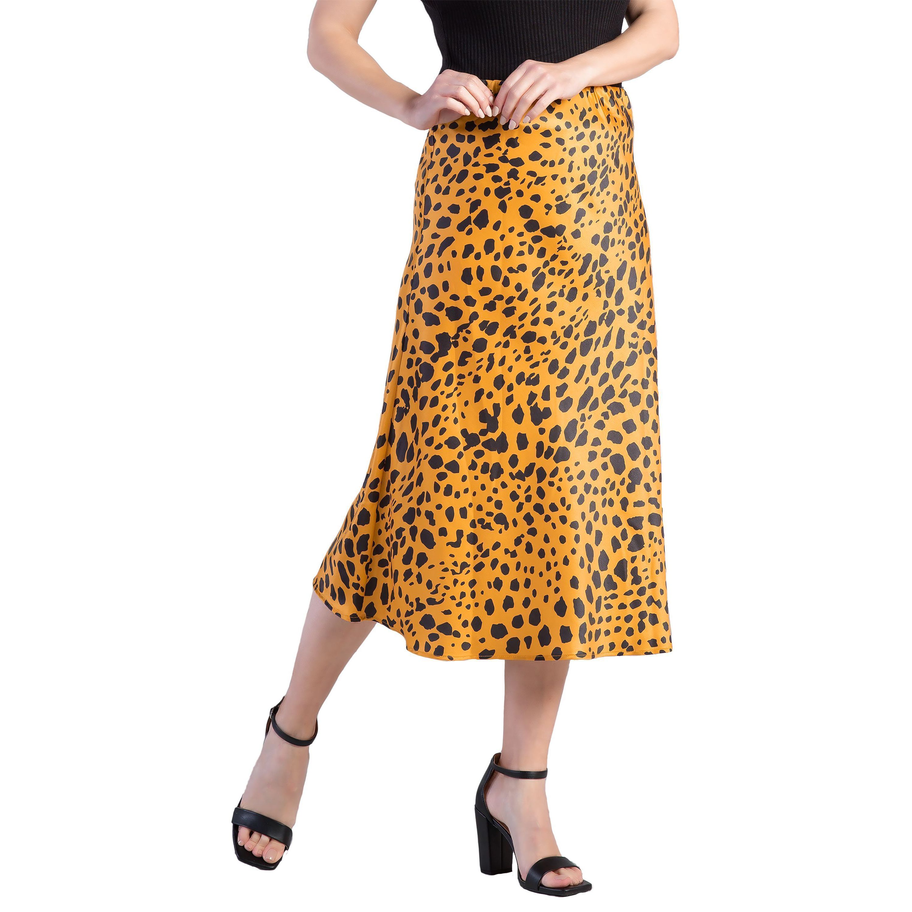 Womens Silky Sateen Leopard Print Midi Skirt