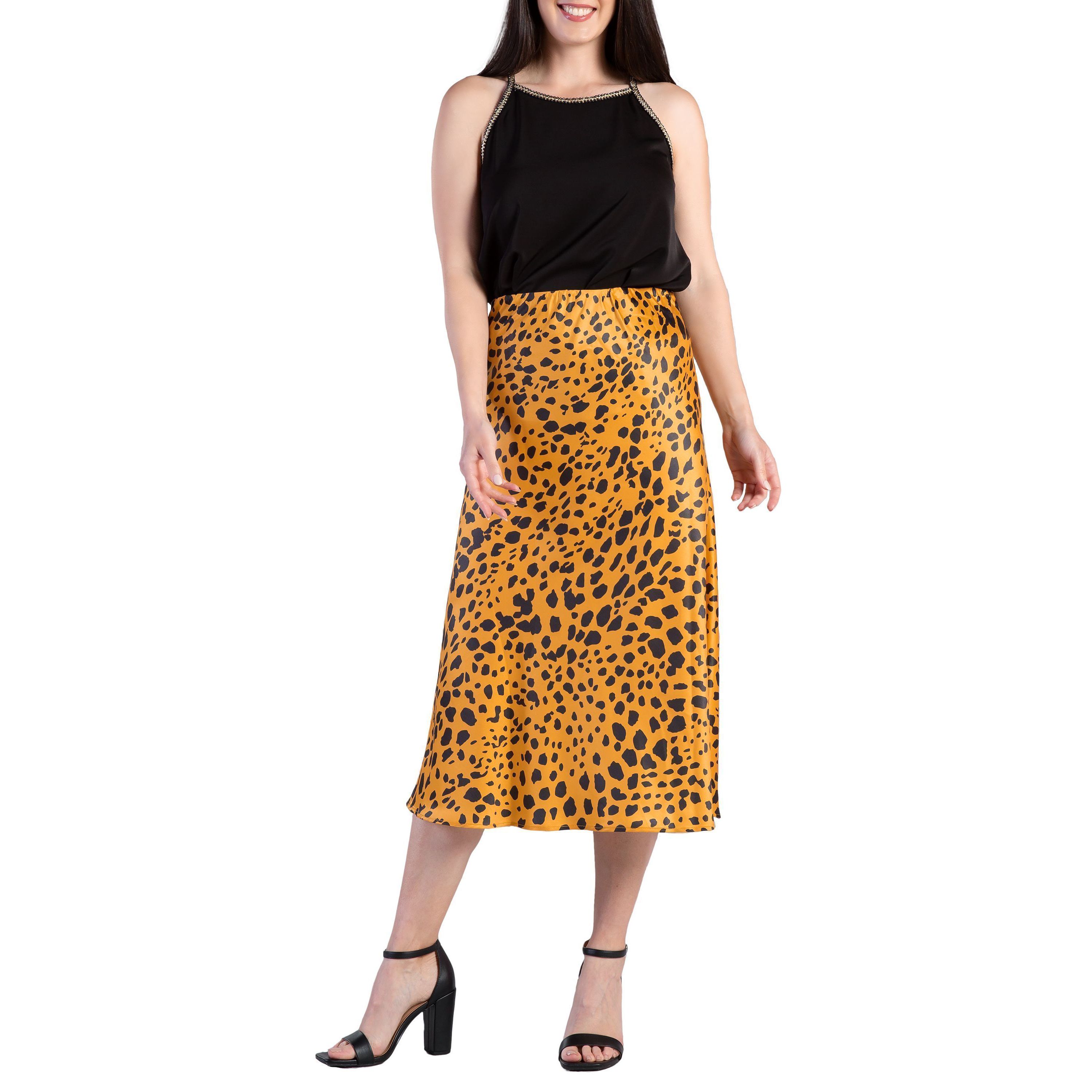 Womens Silky Sateen Leopard Print Midi Skirt