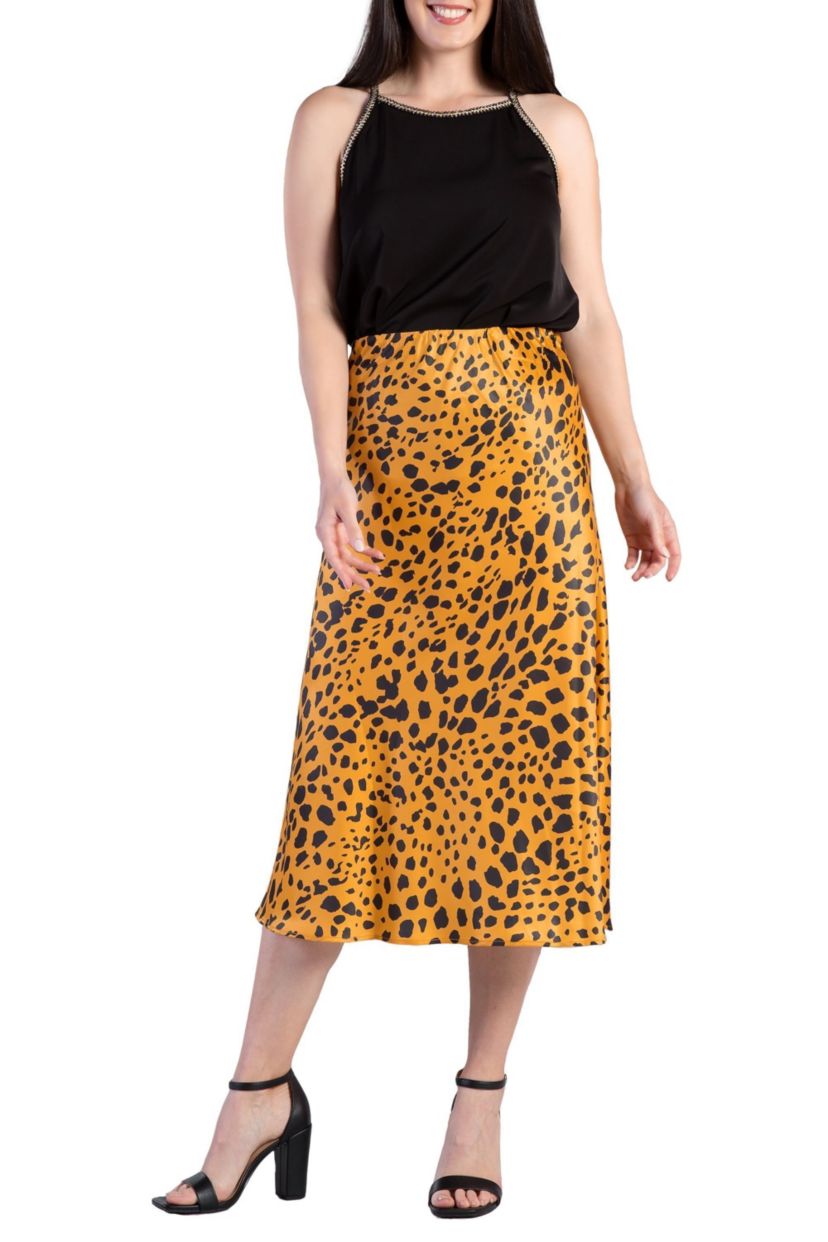 Womens Silky Sateen Leopard Print Midi Skirt