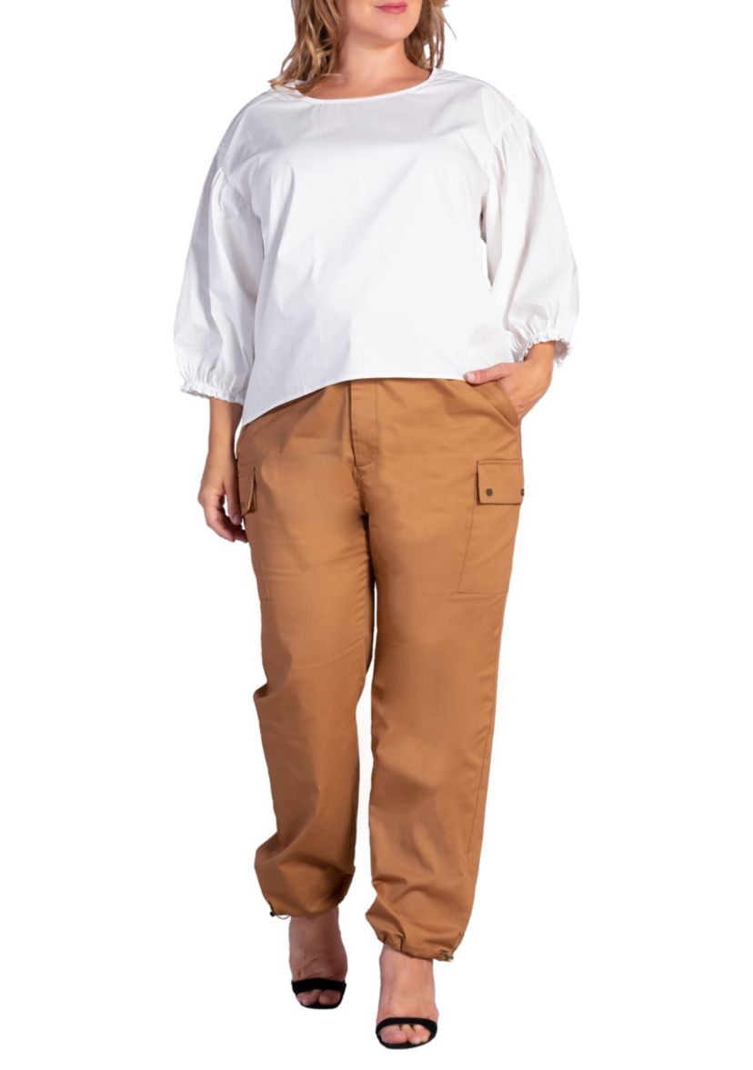 Plus Size Poplin Cargo Pants with Bungee Cord Hem
