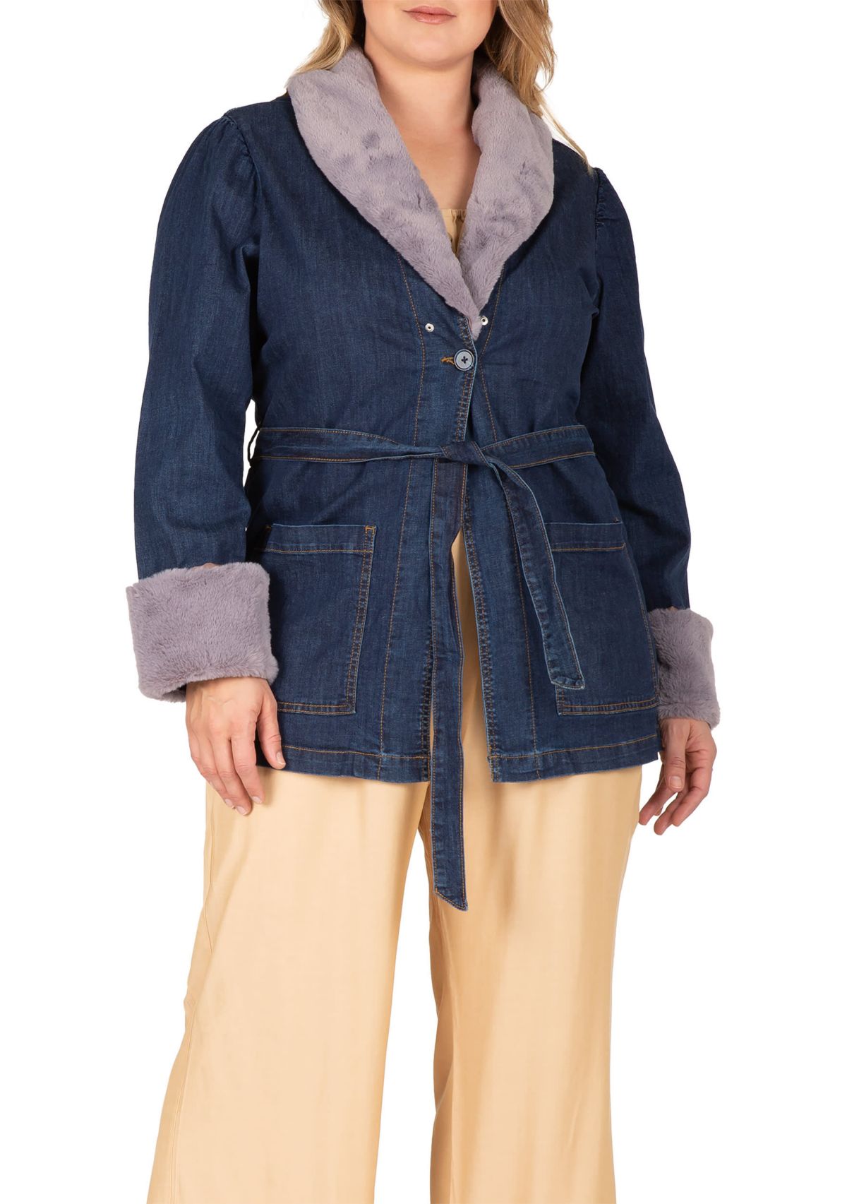 Plus Size Tie Robe Detachable Faux Fur Collar Cuff Denim Wrap Coat
