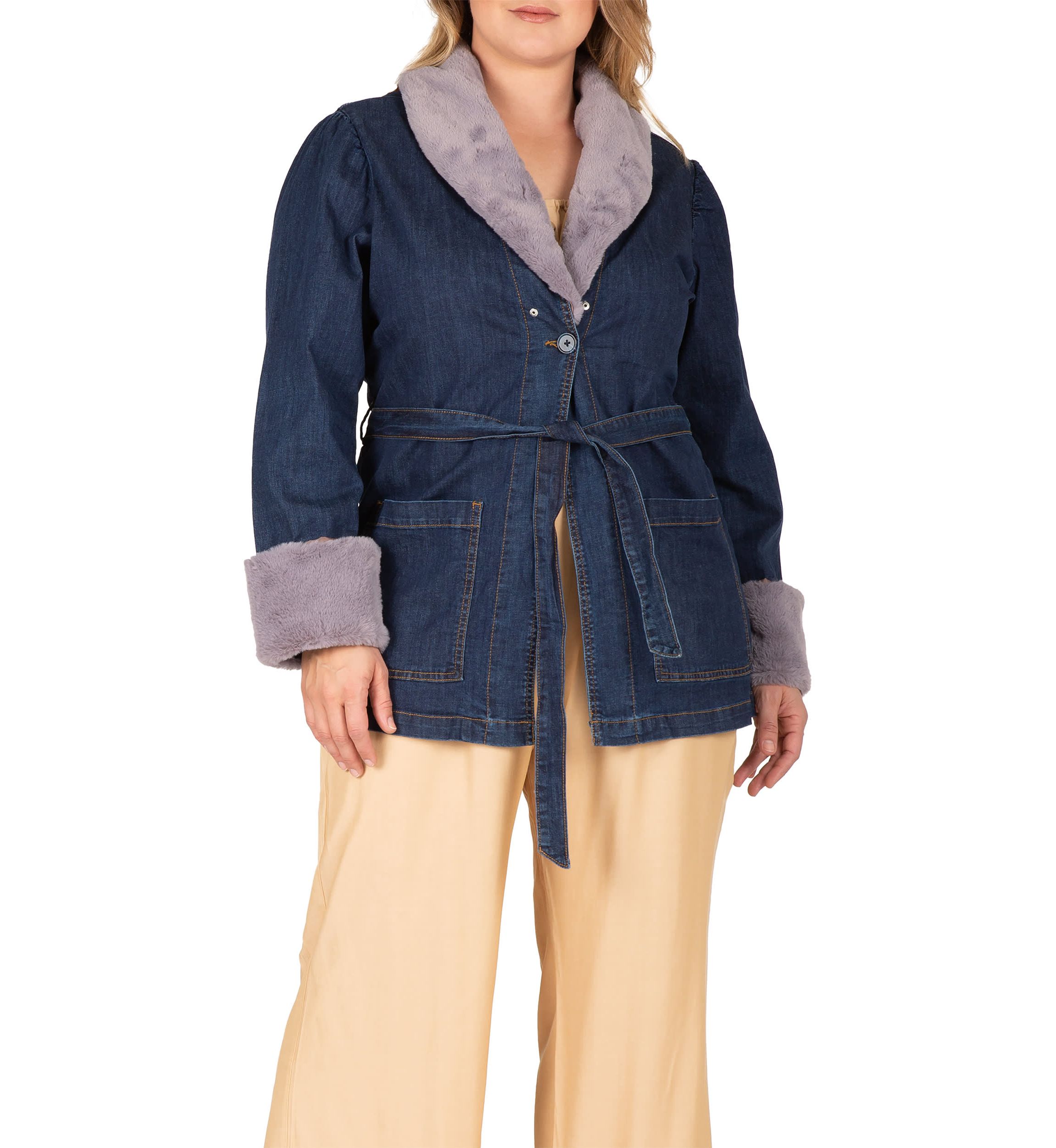 Plus Size Tie Robe Detachable Faux Fur Collar Cuff Denim Wrap Coat