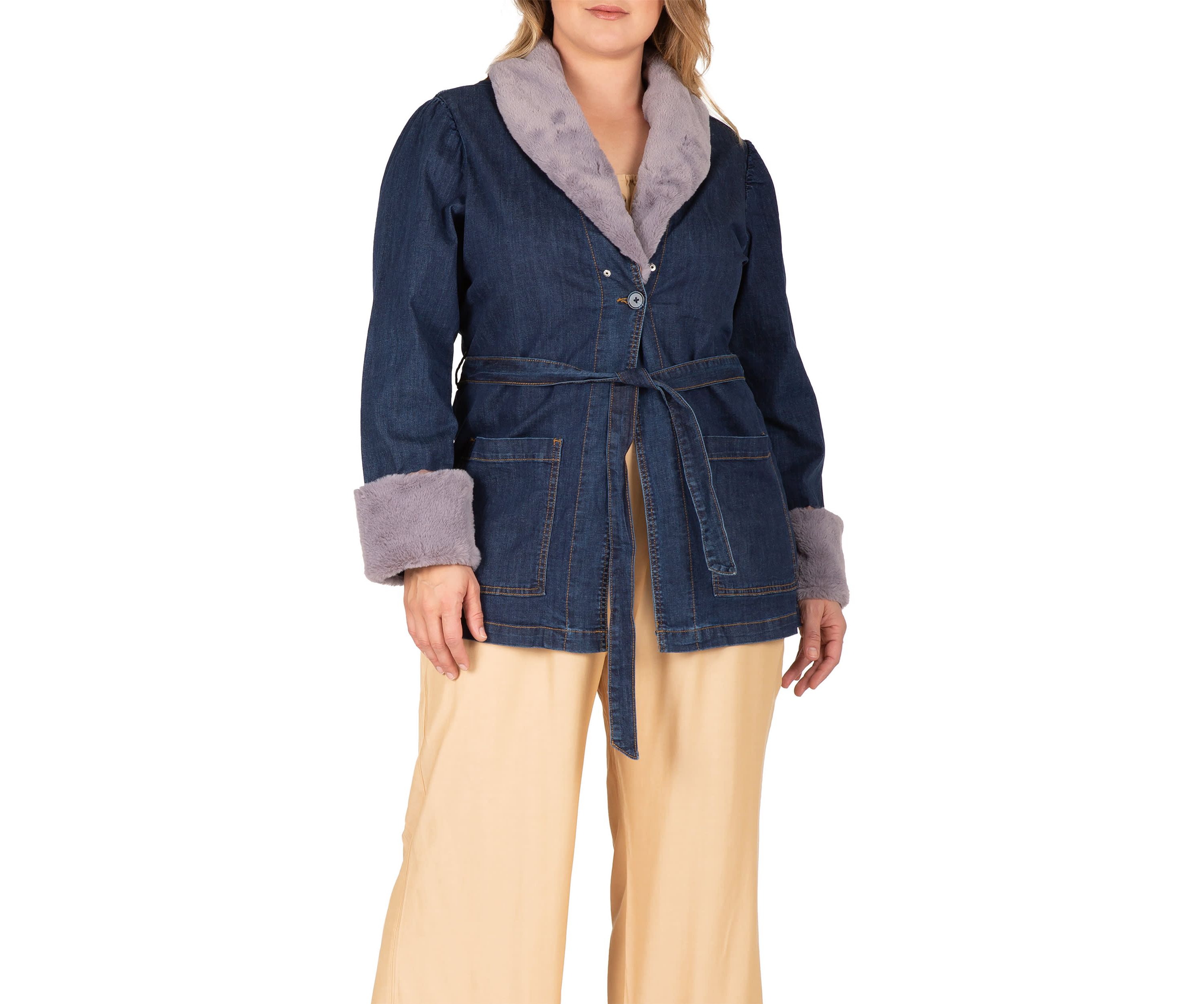 Plus Size Tie Robe Detachable Faux Fur Collar Cuff Denim Wrap Coat