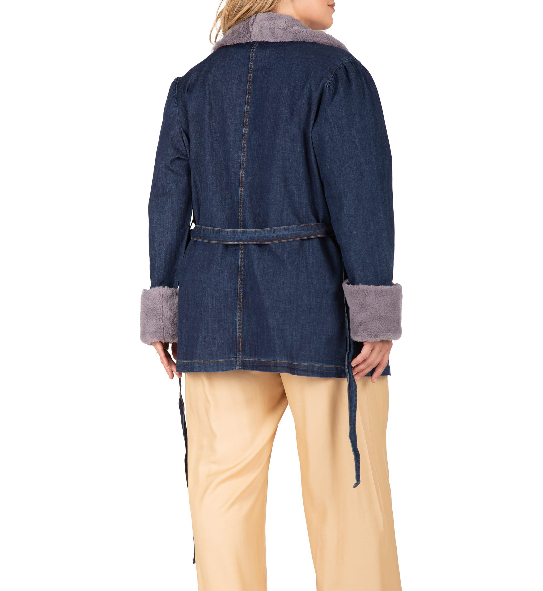 Plus Size Tie Robe Detachable Faux Fur Collar Cuff Denim Wrap Coat