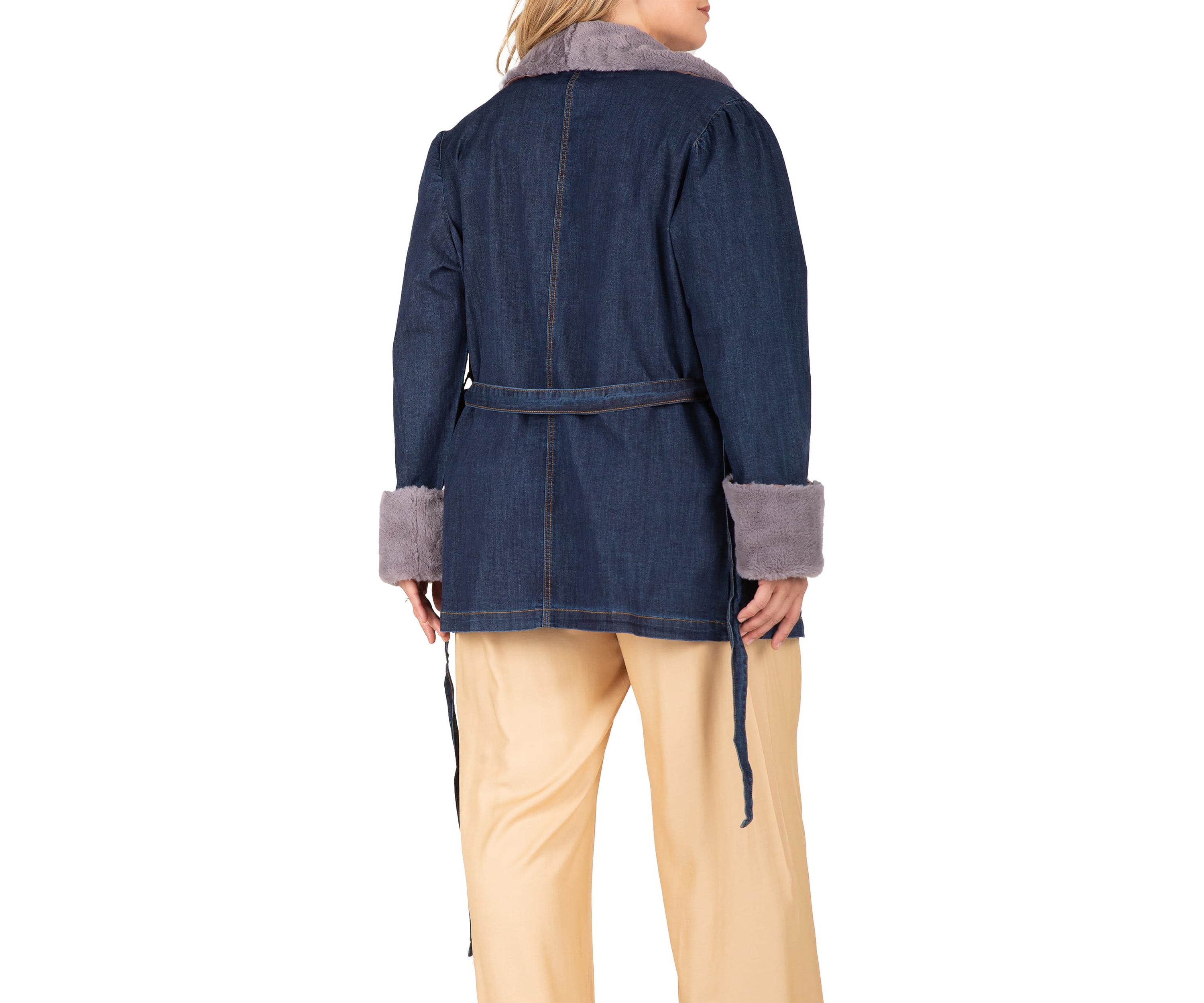 Plus Size Tie Robe Detachable Faux Fur Collar Cuff Denim Wrap Coat