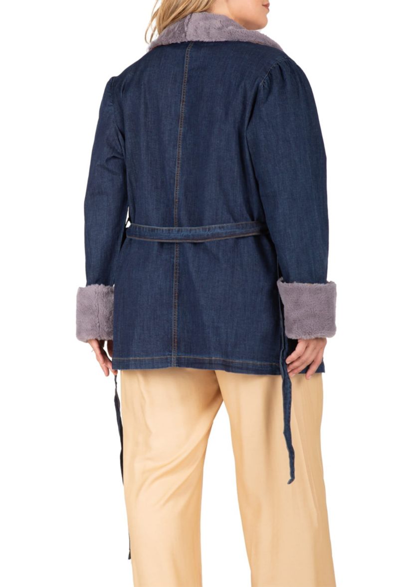 Plus Size Tie Robe Detachable Faux Fur Collar Cuff Denim Wrap Coat