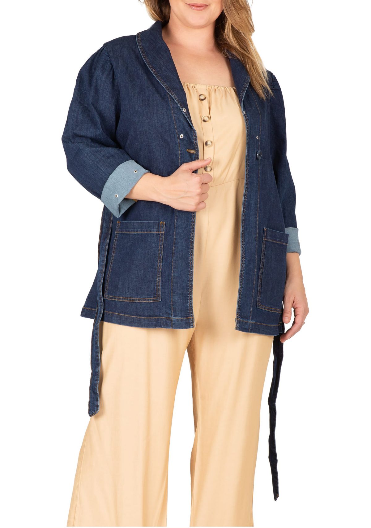 Plus Size Tie Robe Detachable Faux Fur Collar Cuff Denim Wrap Coat