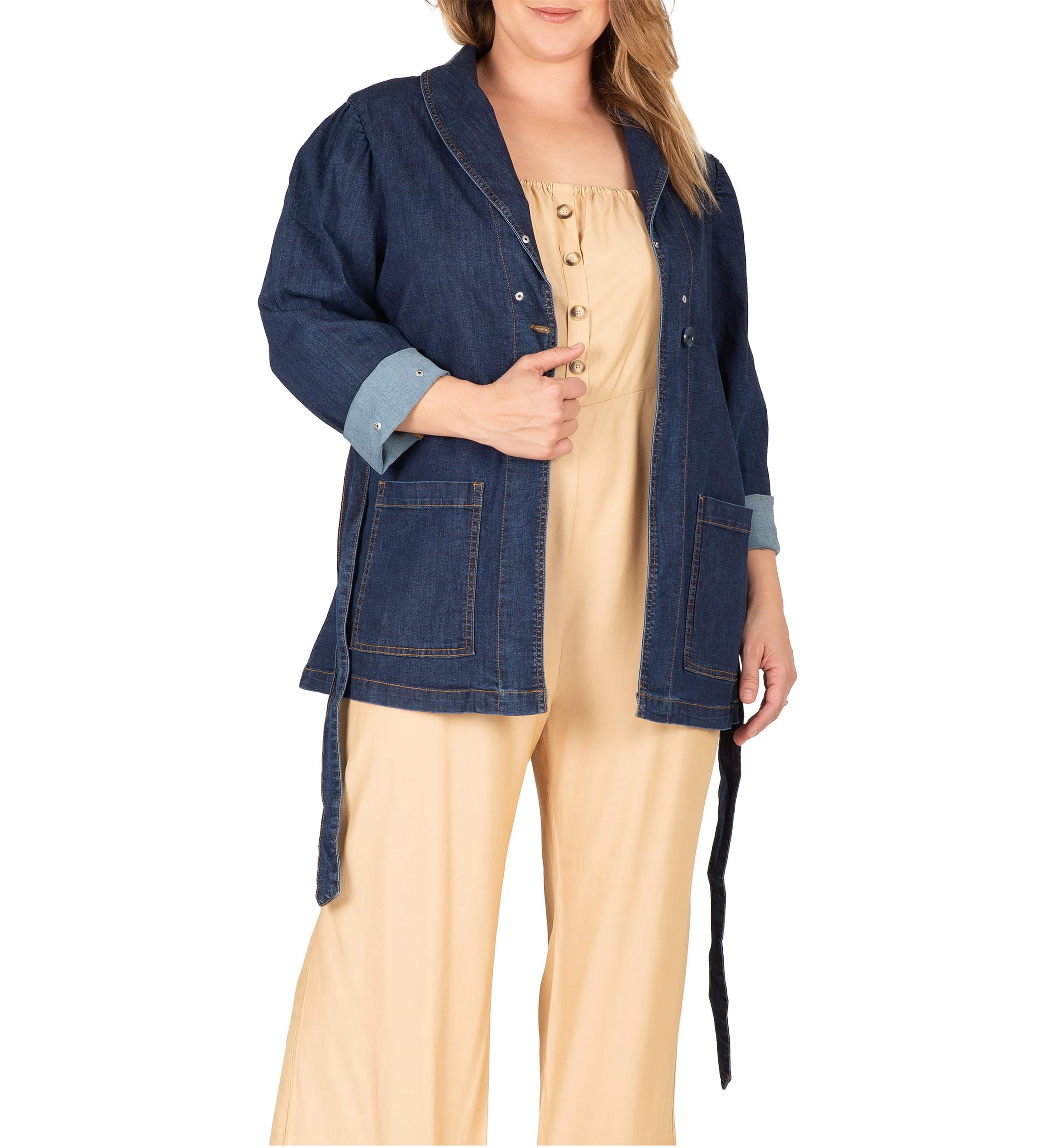 Plus Size Tie Robe Detachable Faux Fur Collar Cuff Denim Wrap Coat