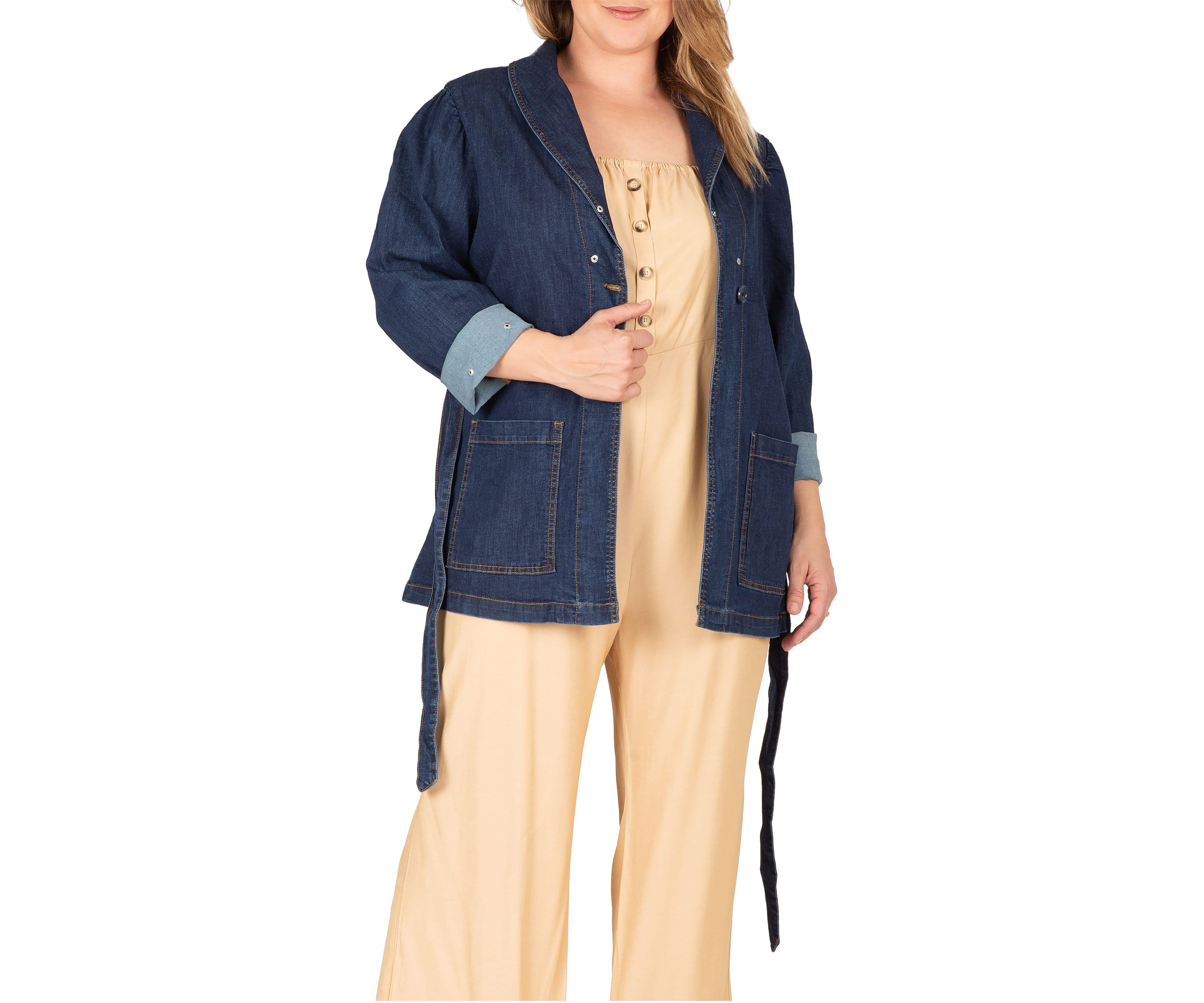 Plus Size Tie Robe Detachable Faux Fur Collar Cuff Denim Wrap Coat