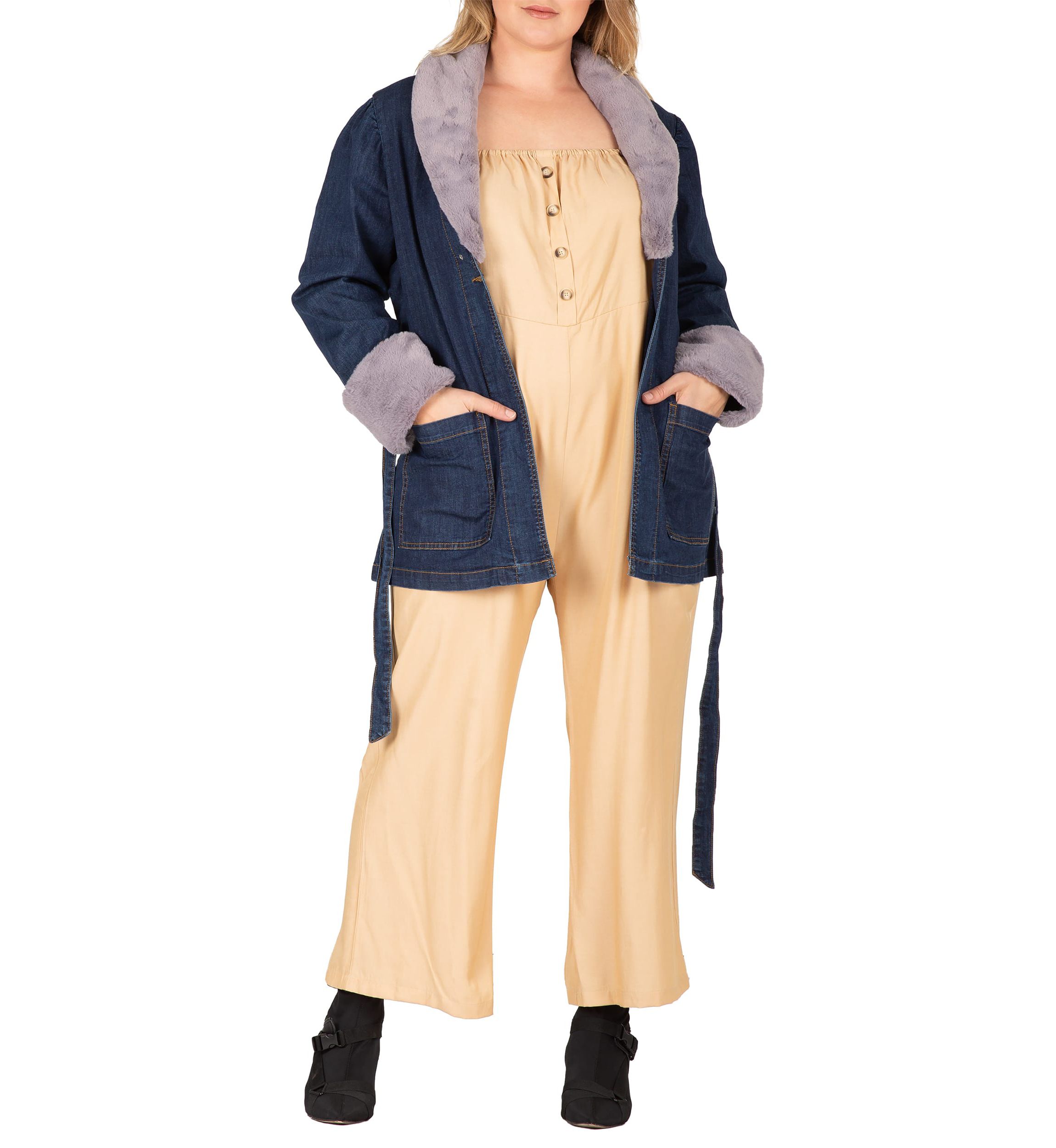 Plus Size Tie Robe Detachable Faux Fur Collar Cuff Denim Wrap Coat