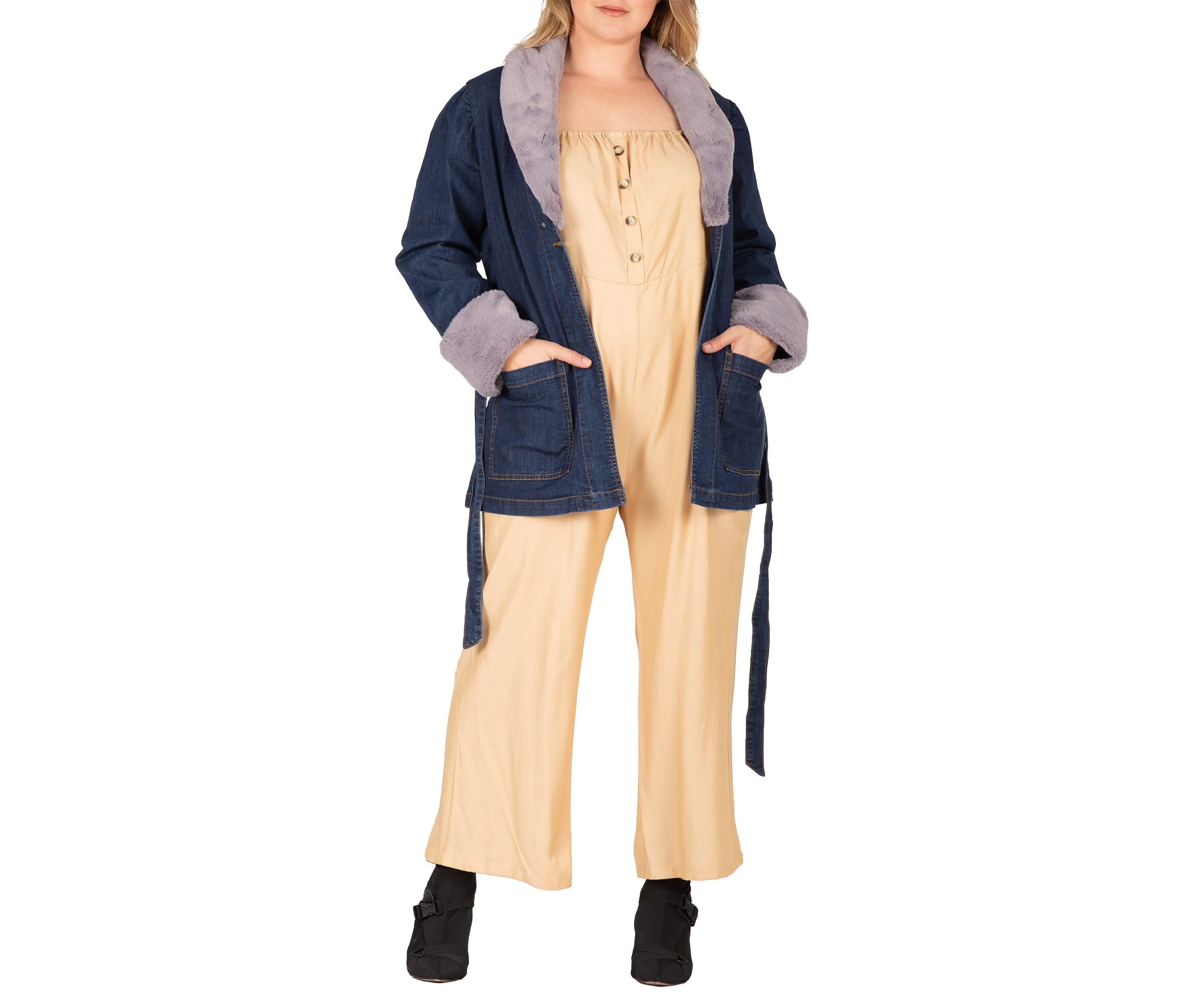 Plus Size Tie Robe Detachable Faux Fur Collar Cuff Denim Wrap Coat