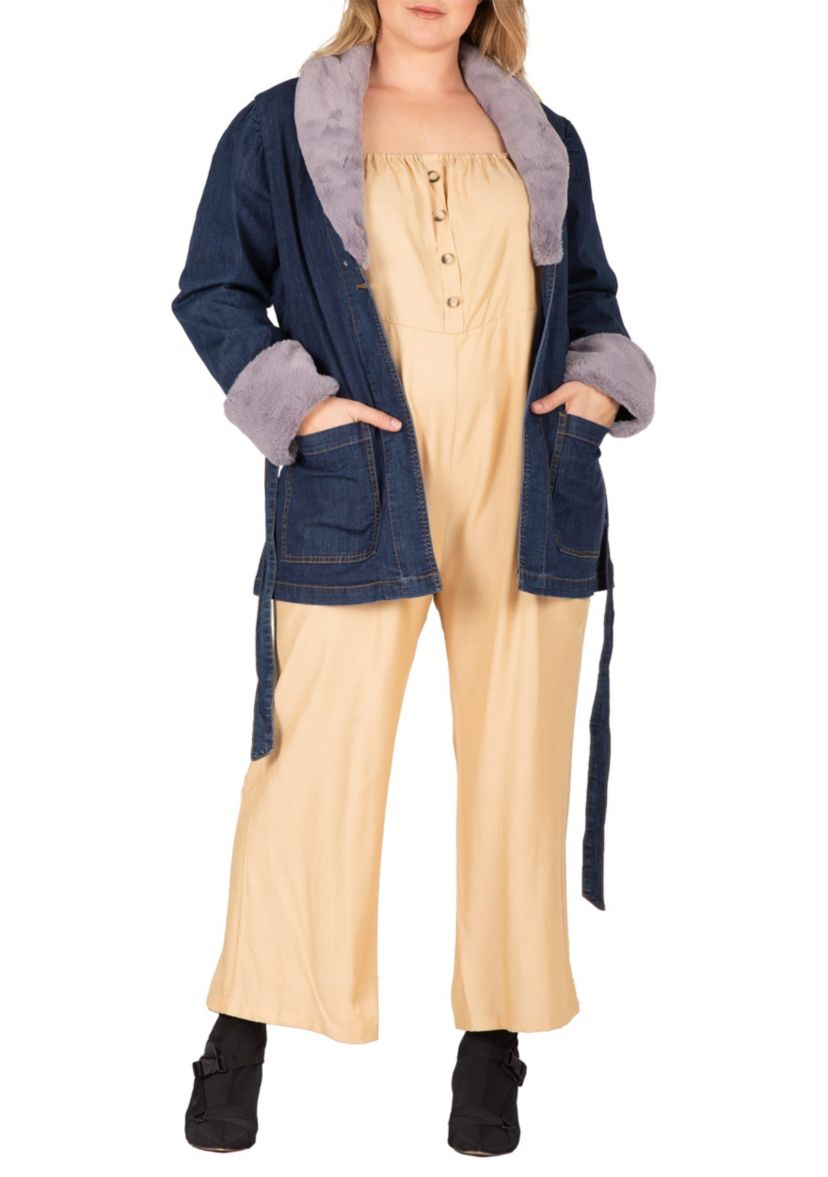 Plus Size Tie Robe Detachable Faux Fur Collar Cuff Denim Wrap Coat