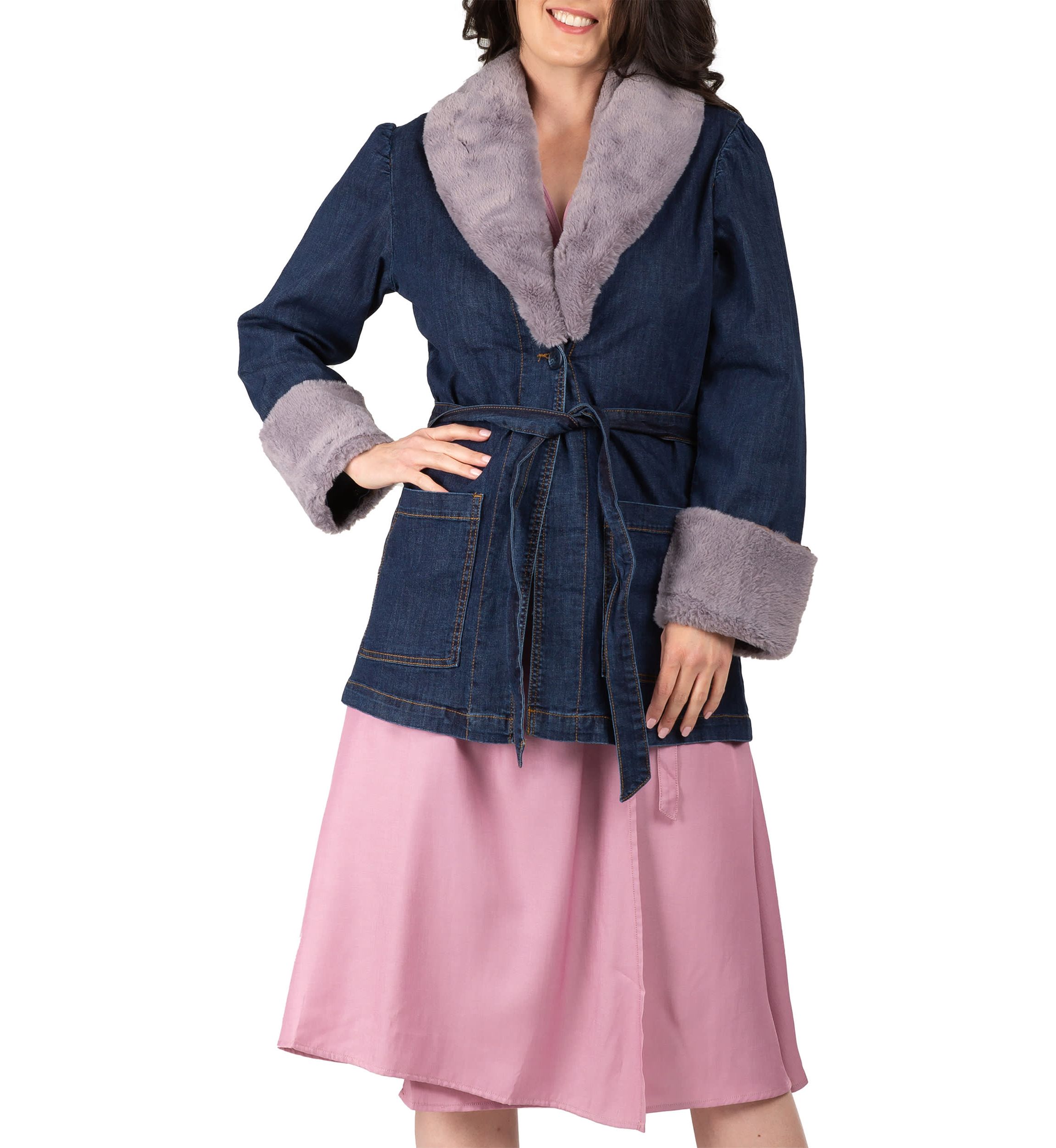 Tie Robe Detachable Faux Fur Collar Cuff Denim Wrap Coat