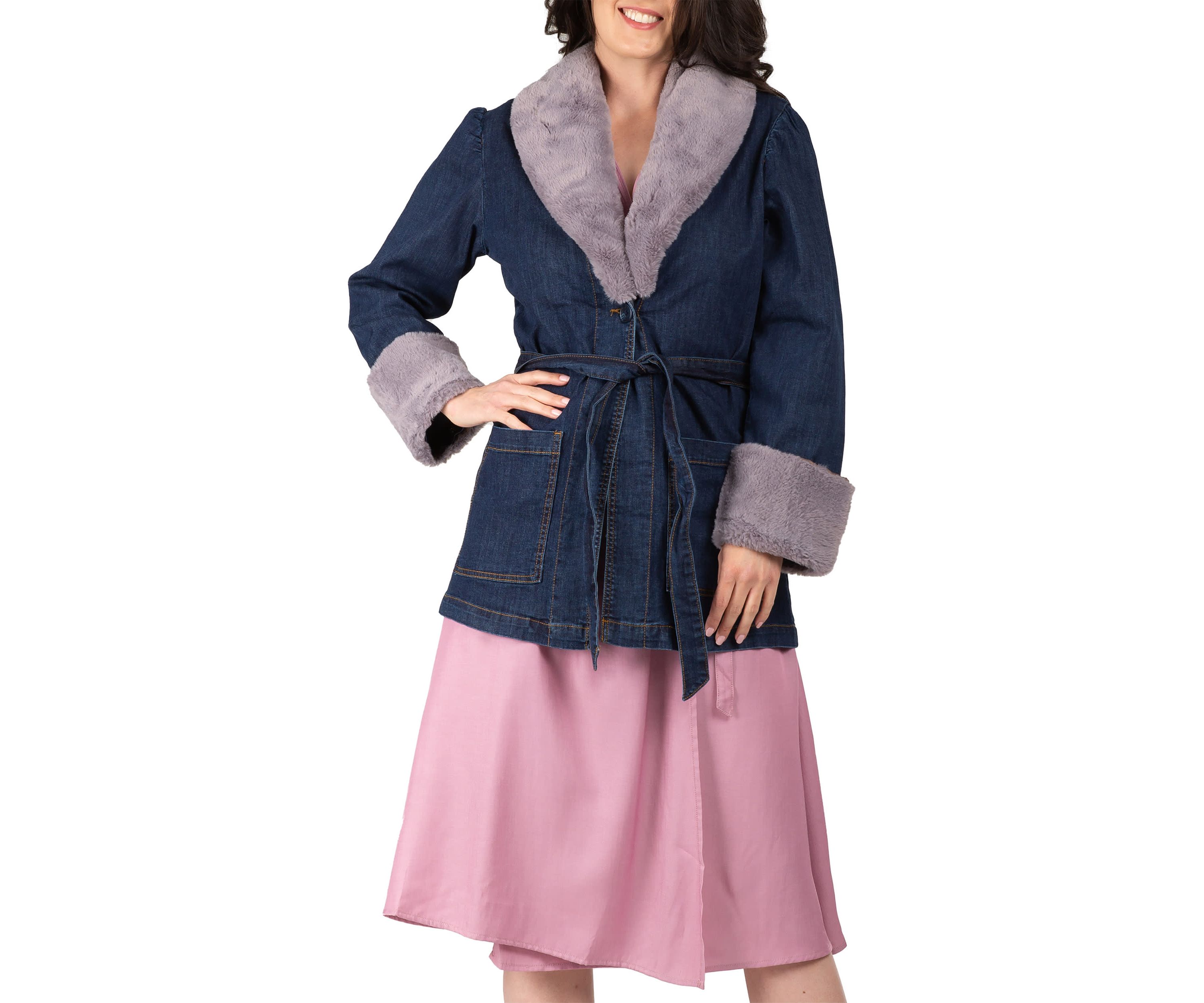 Tie Robe Detachable Faux Fur Collar Cuff Denim Wrap Coat