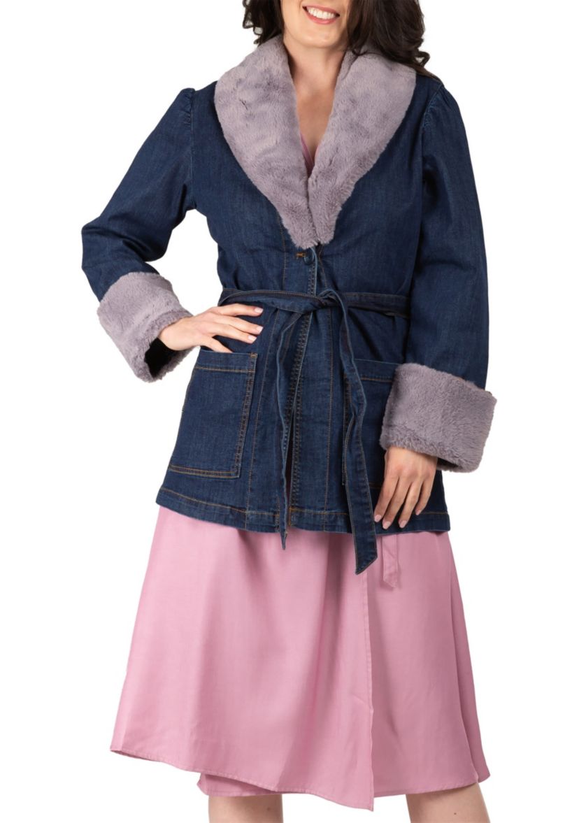 Tie Robe Detachable Faux Fur Collar Cuff Denim Wrap Coat