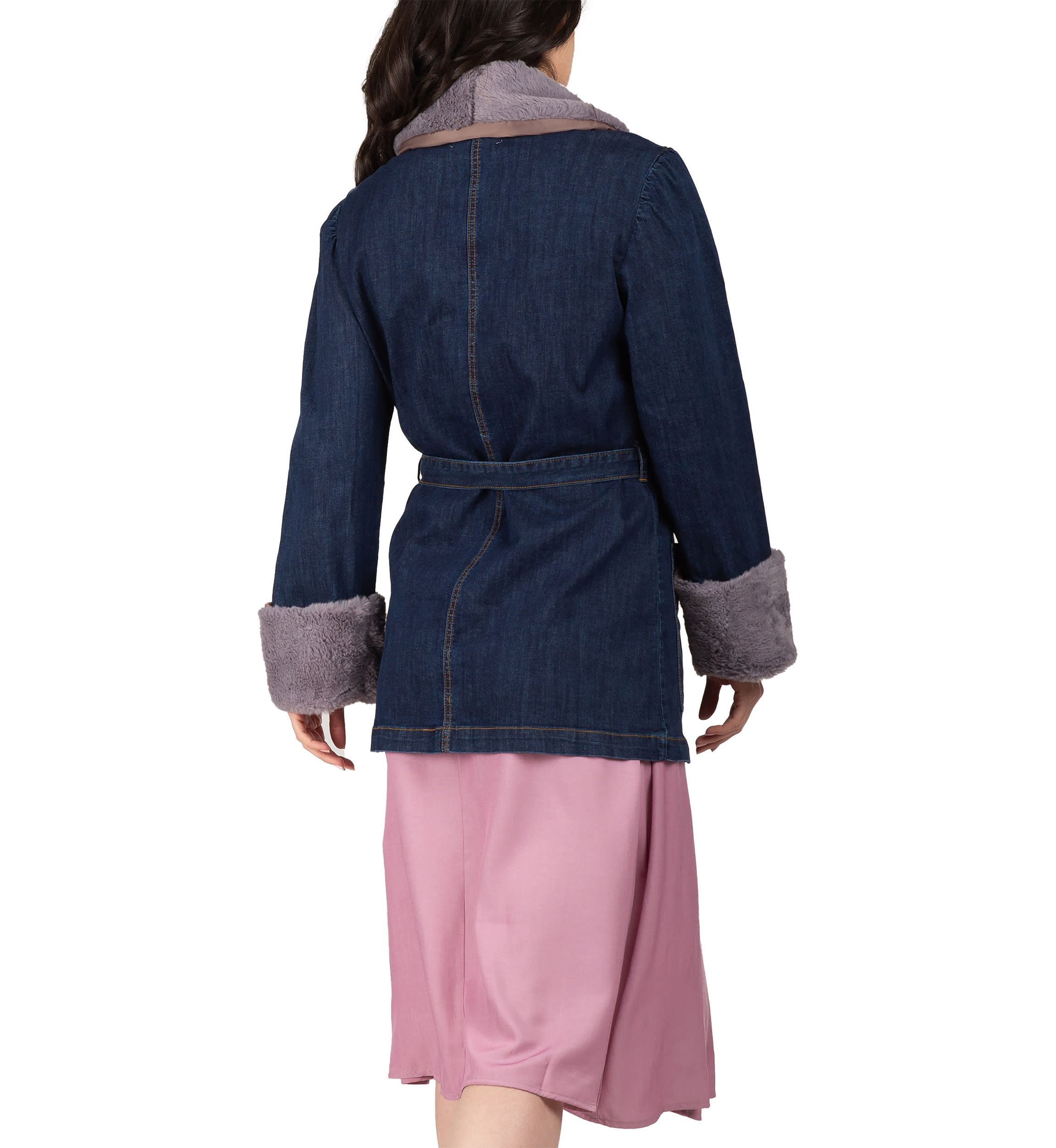 Tie Robe Detachable Faux Fur Collar Cuff Denim Wrap Coat
