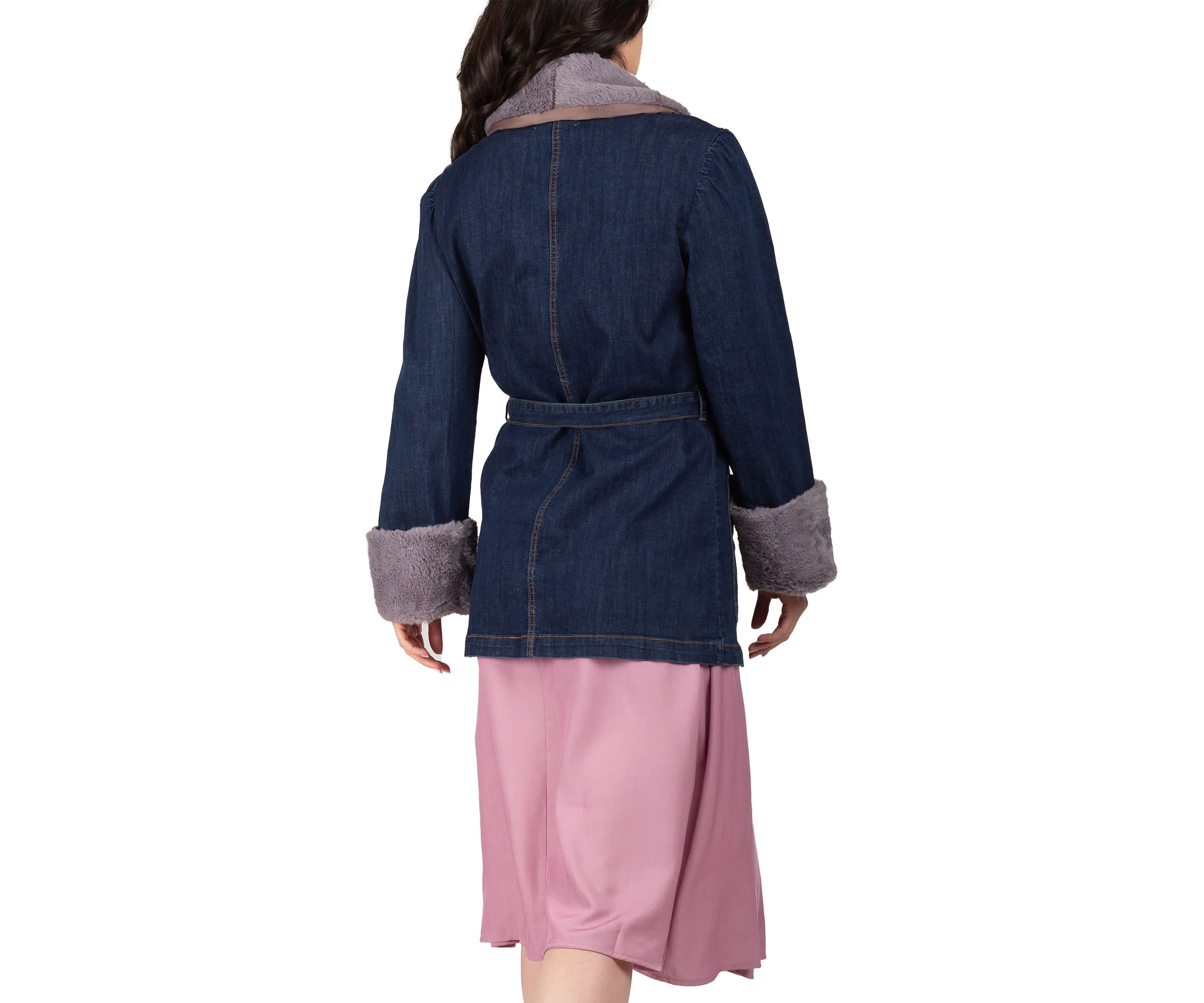 Tie Robe Detachable Faux Fur Collar Cuff Denim Wrap Coat