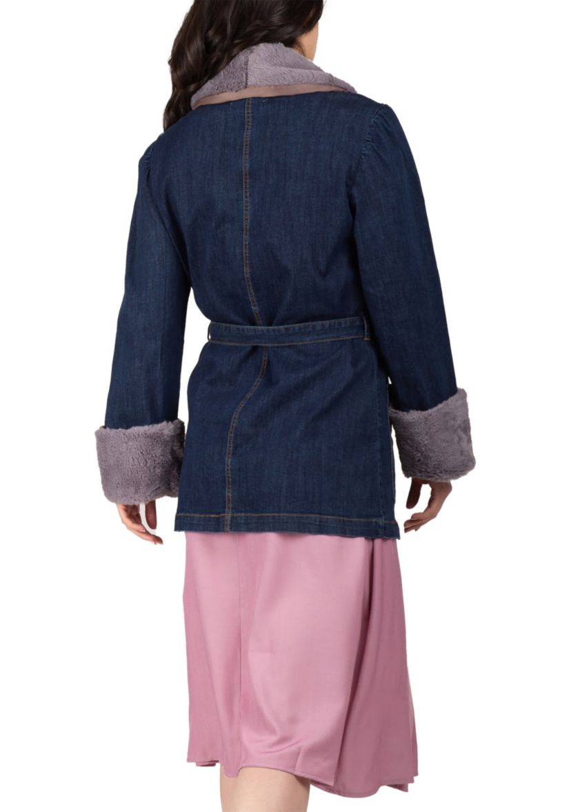 Tie Robe Detachable Faux Fur Collar Cuff Denim Wrap Coat