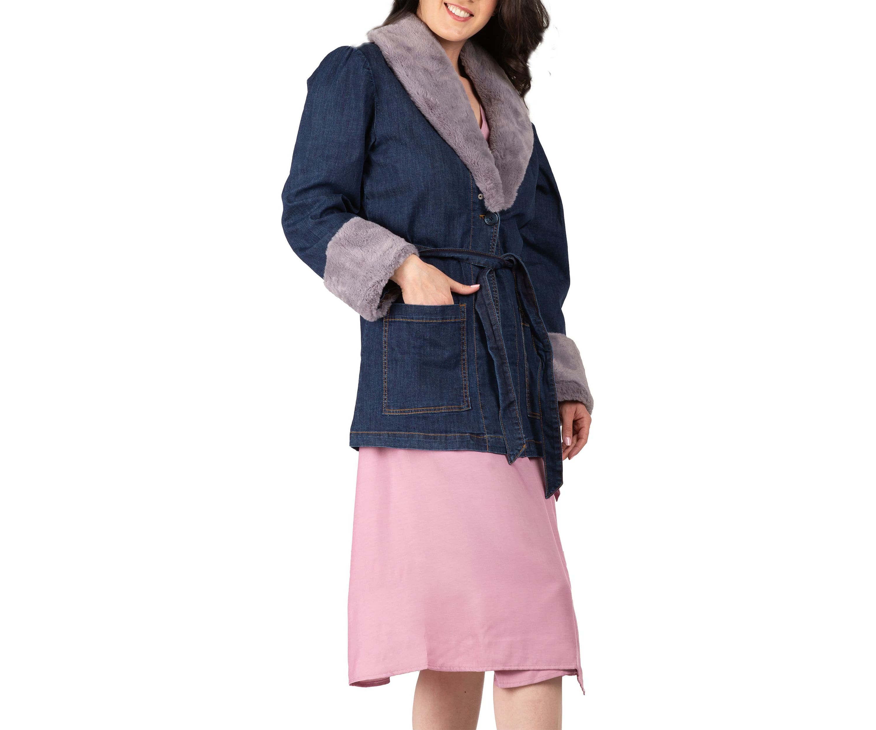 Tie Robe Detachable Faux Fur Collar Cuff Denim Wrap Coat
