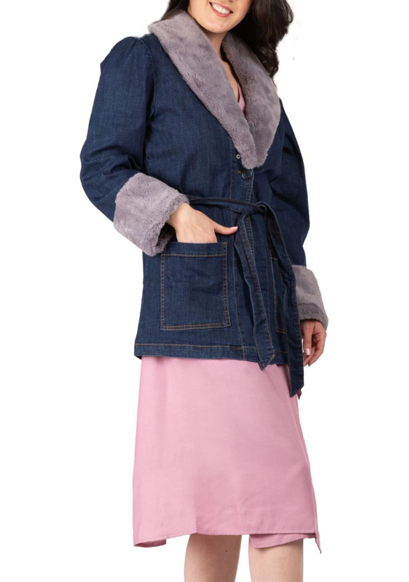 Tie Robe Detachable Faux Fur Collar Cuff Denim Wrap Coat