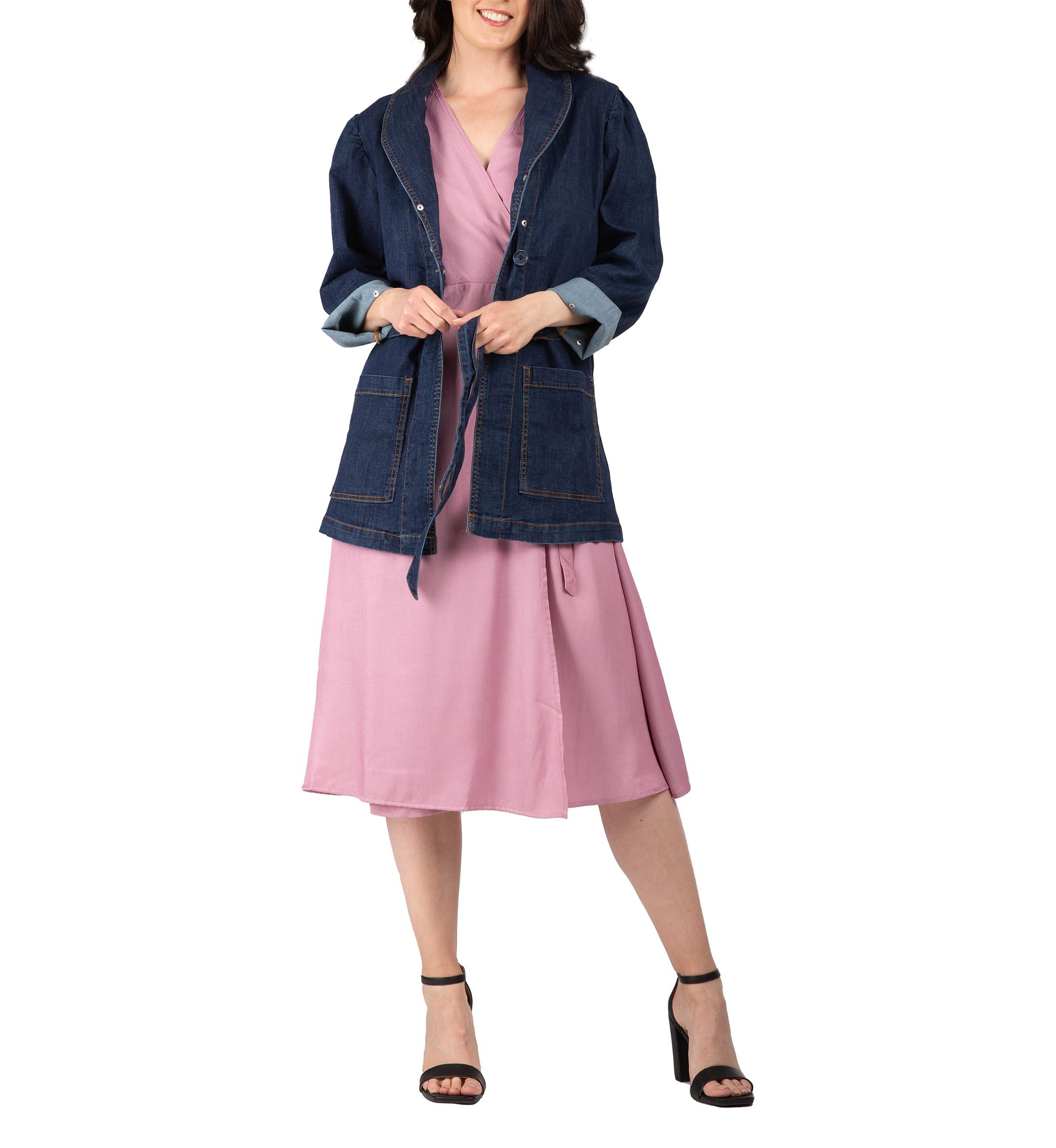 Tie Robe Detachable Faux Fur Collar Cuff Denim Wrap Coat