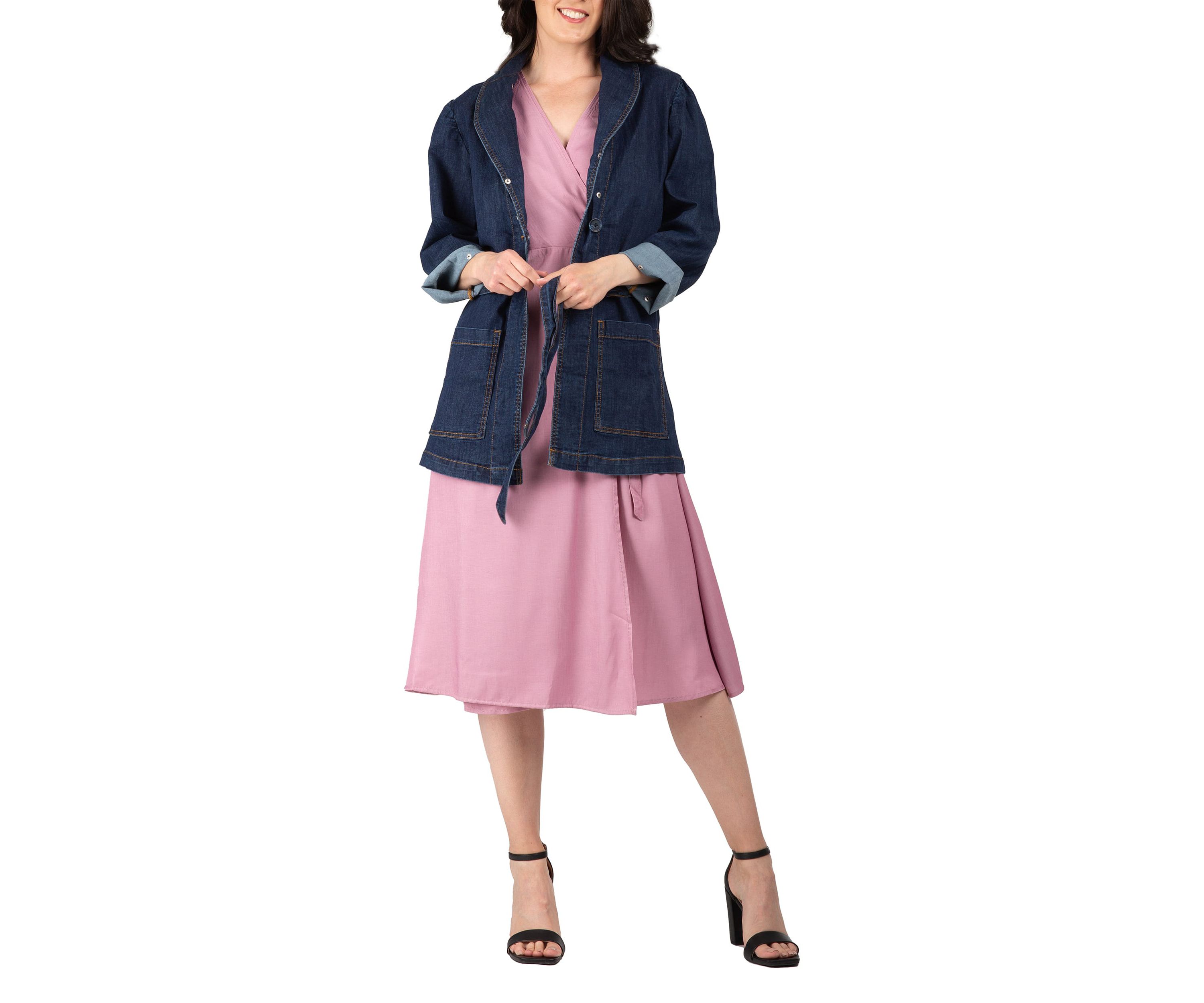 Tie Robe Detachable Faux Fur Collar Cuff Denim Wrap Coat