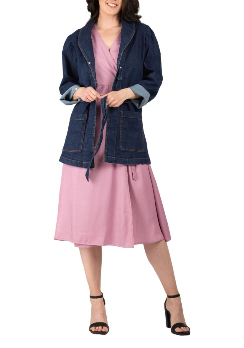 Tie Robe Detachable Faux Fur Collar Cuff Denim Wrap Coat