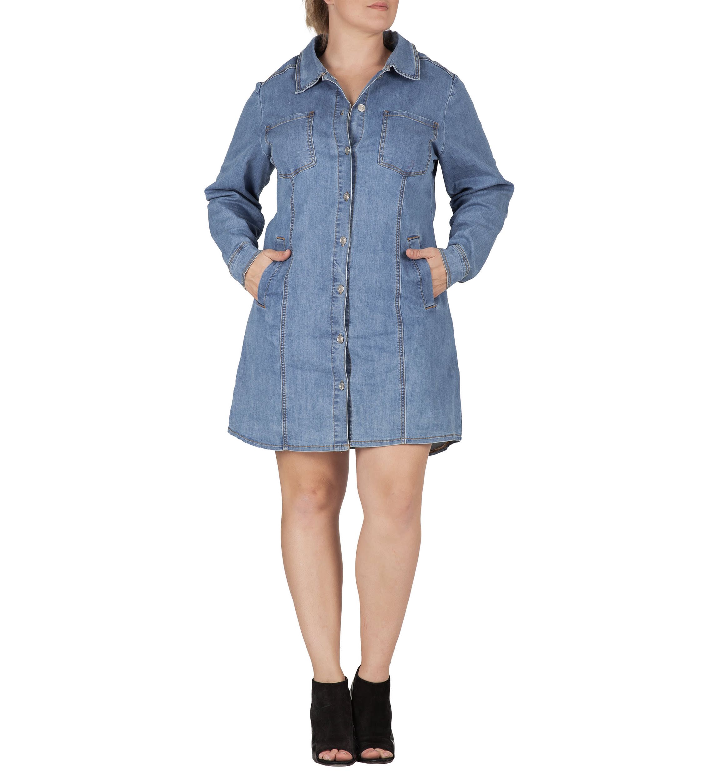 Plus Size Full Sleeve Denim Shirt Midi Dress