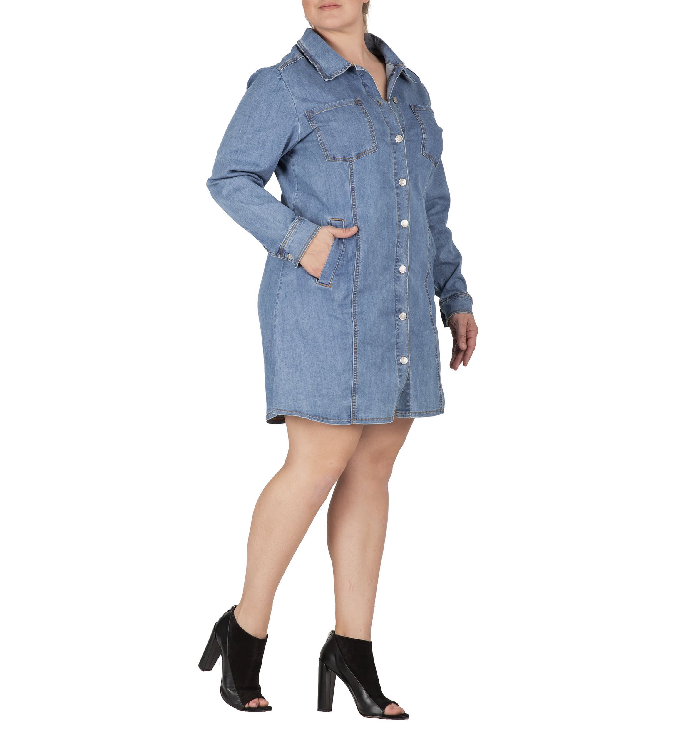 Plus Size Full Sleeve Denim Shirt Midi Dress