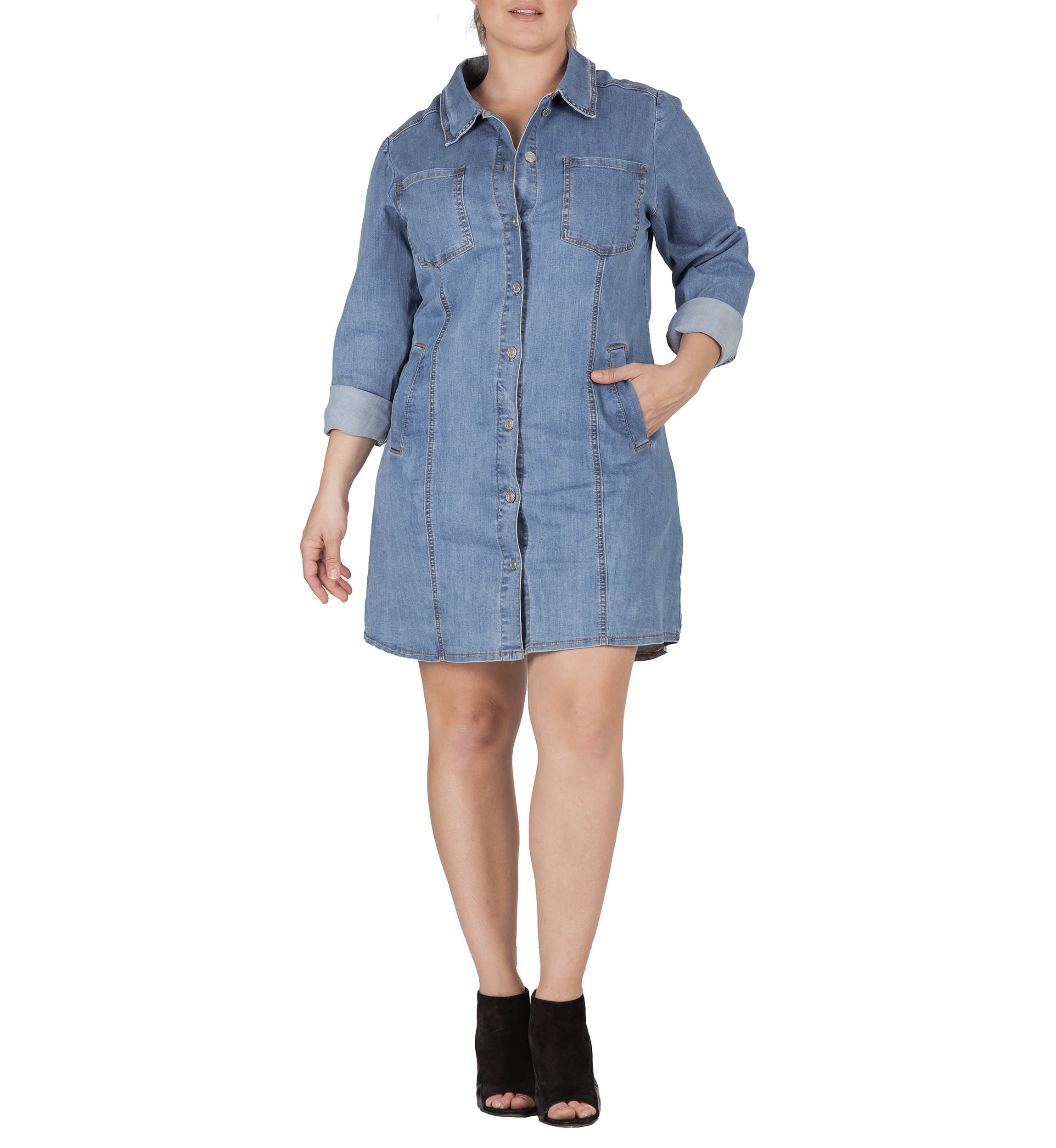 Plus Size Full Sleeve Denim Shirt Midi Dress