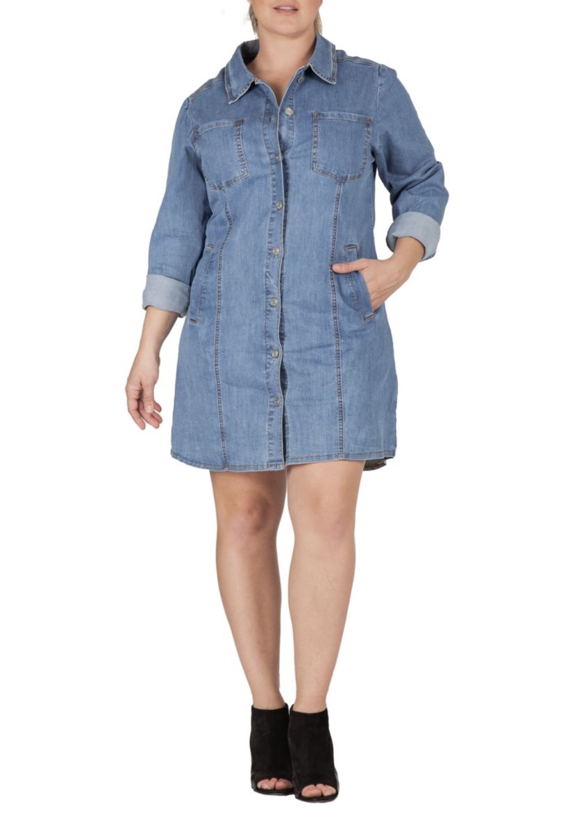 Plus Size Full Sleeve Denim Shirt Midi Dress