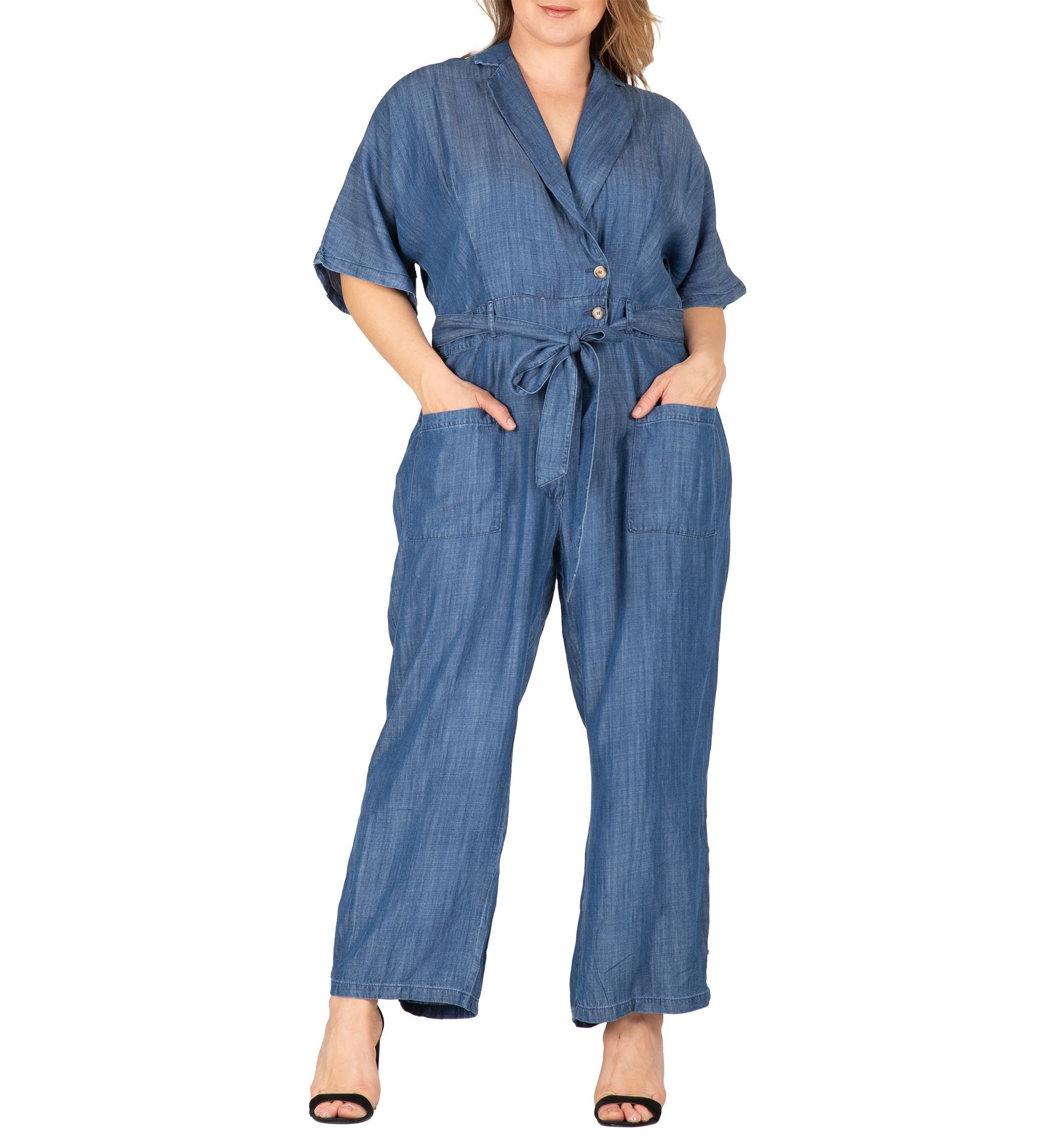Plus Size Tencel Denim Kimono Sleeves Tie Wrap Jumpsuit