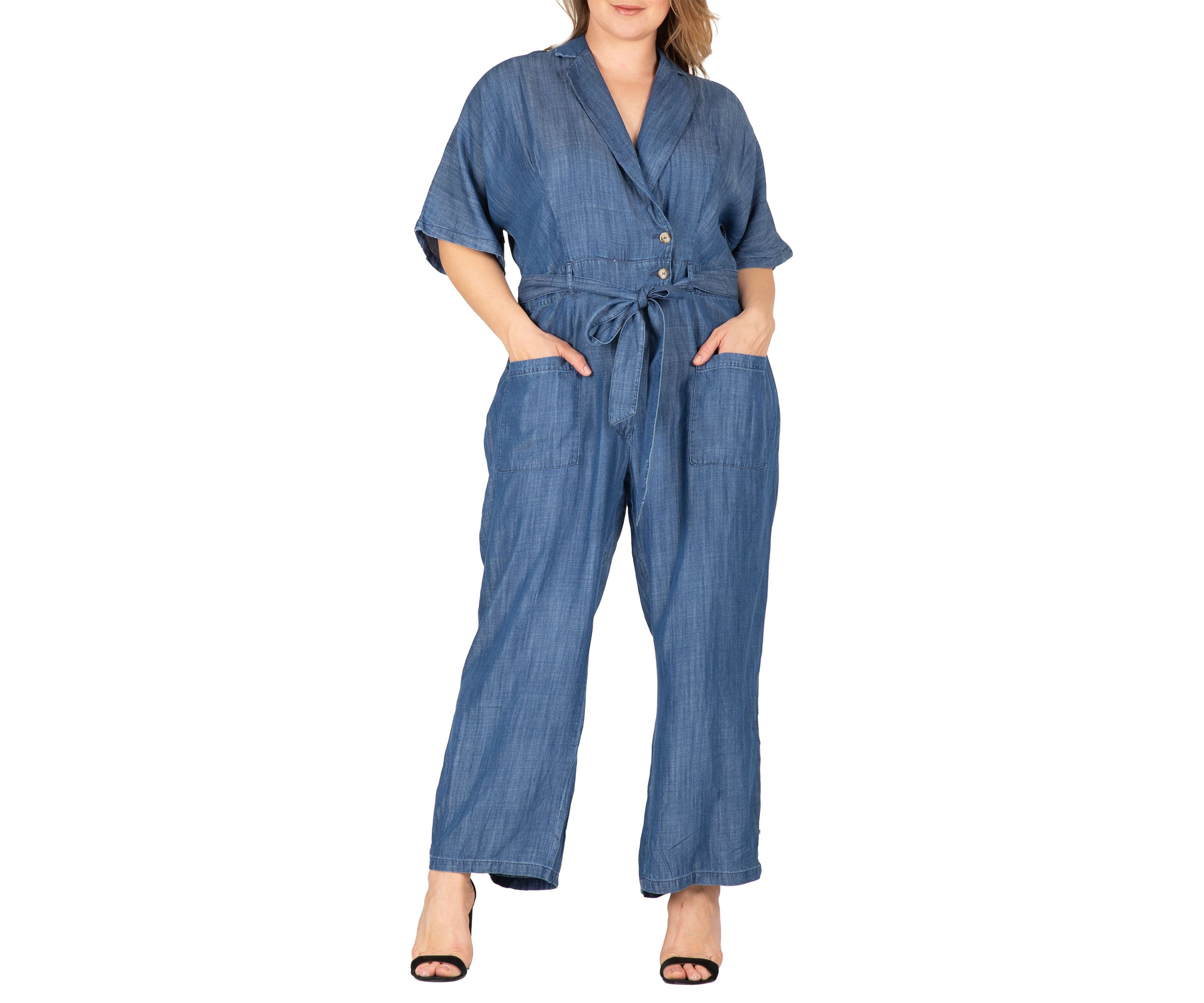 Plus Size Tencel Denim Kimono Sleeves Tie Wrap Jumpsuit