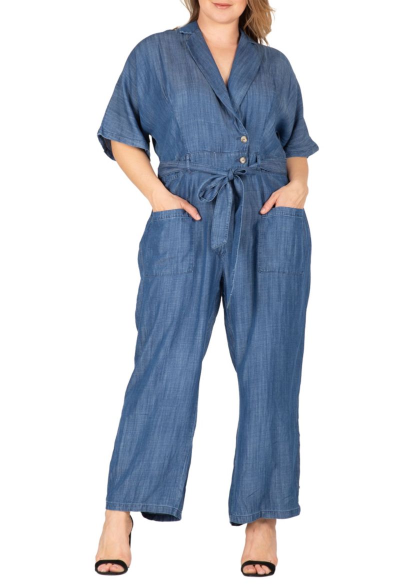 Plus Size Tencel Denim Kimono Sleeves Tie Wrap Jumpsuit