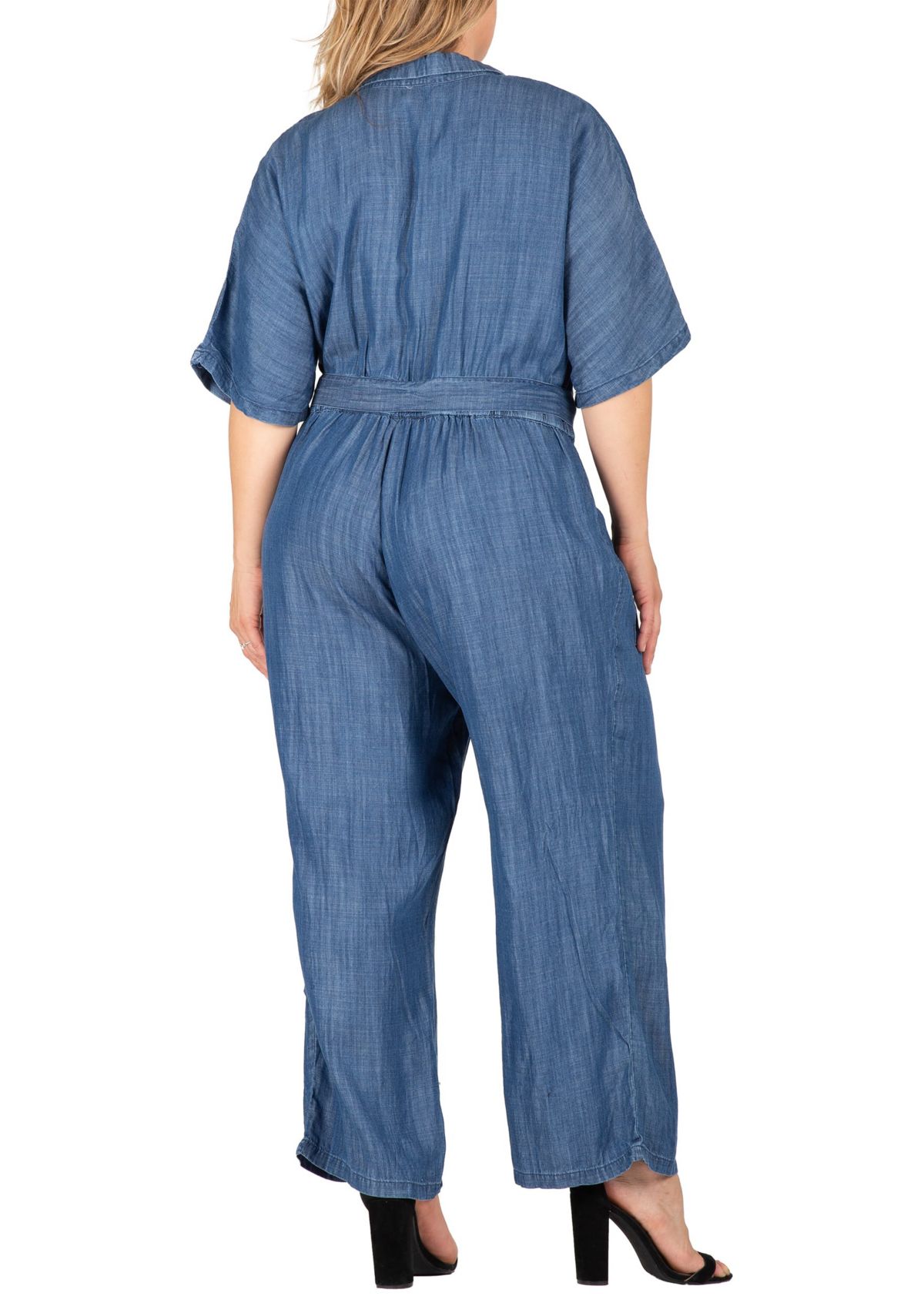 Plus Size Tencel Denim Kimono Sleeves Tie Wrap Jumpsuit
