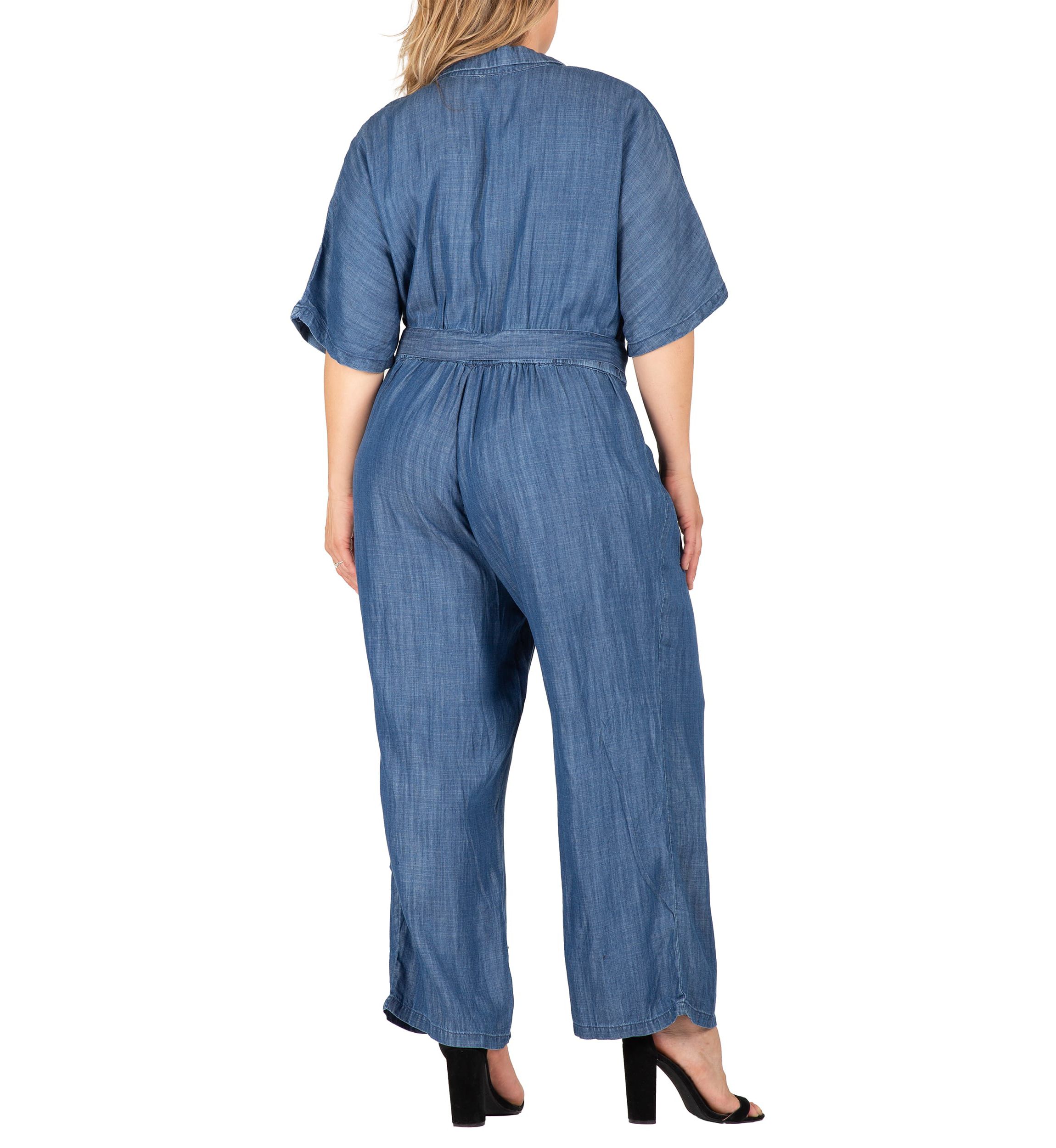 Plus Size Tencel Denim Kimono Sleeves Tie Wrap Jumpsuit