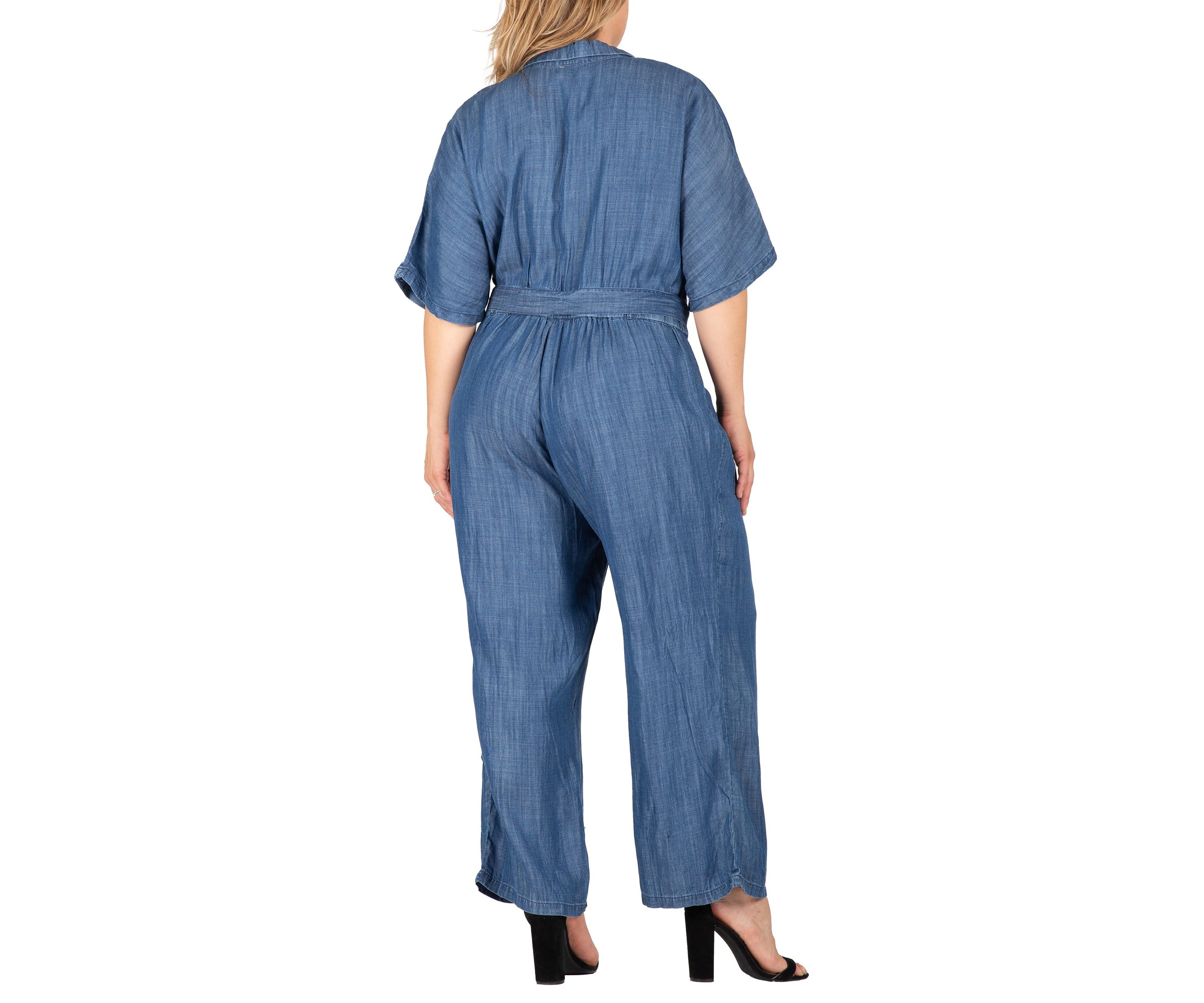Plus Size Tencel Denim Kimono Sleeves Tie Wrap Jumpsuit