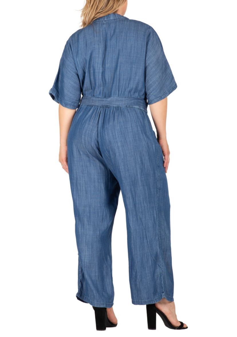 Plus Size Tencel Denim Kimono Sleeves Tie Wrap Jumpsuit
