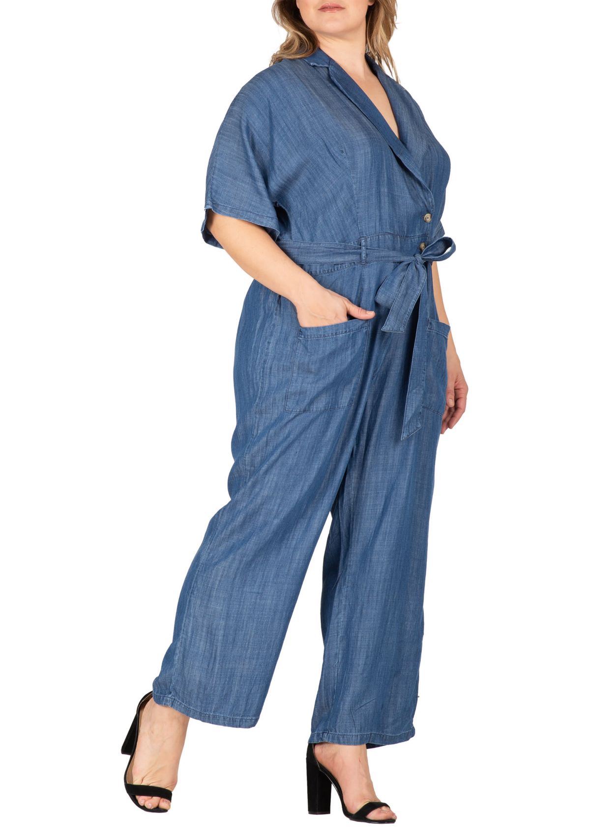 Plus Size Tencel Denim Kimono Sleeves Tie Wrap Jumpsuit