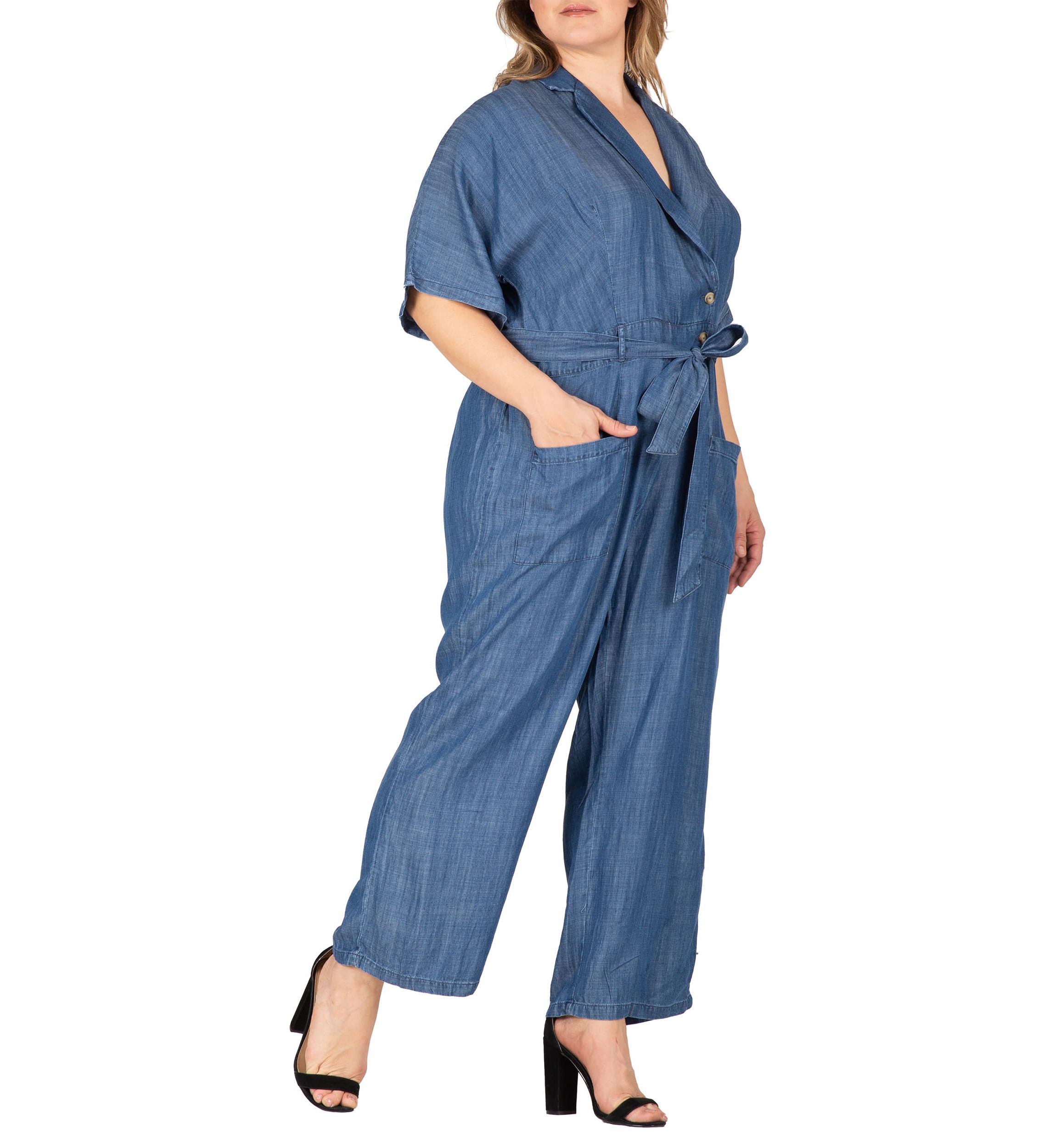 Plus Size Tencel Denim Kimono Sleeves Tie Wrap Jumpsuit