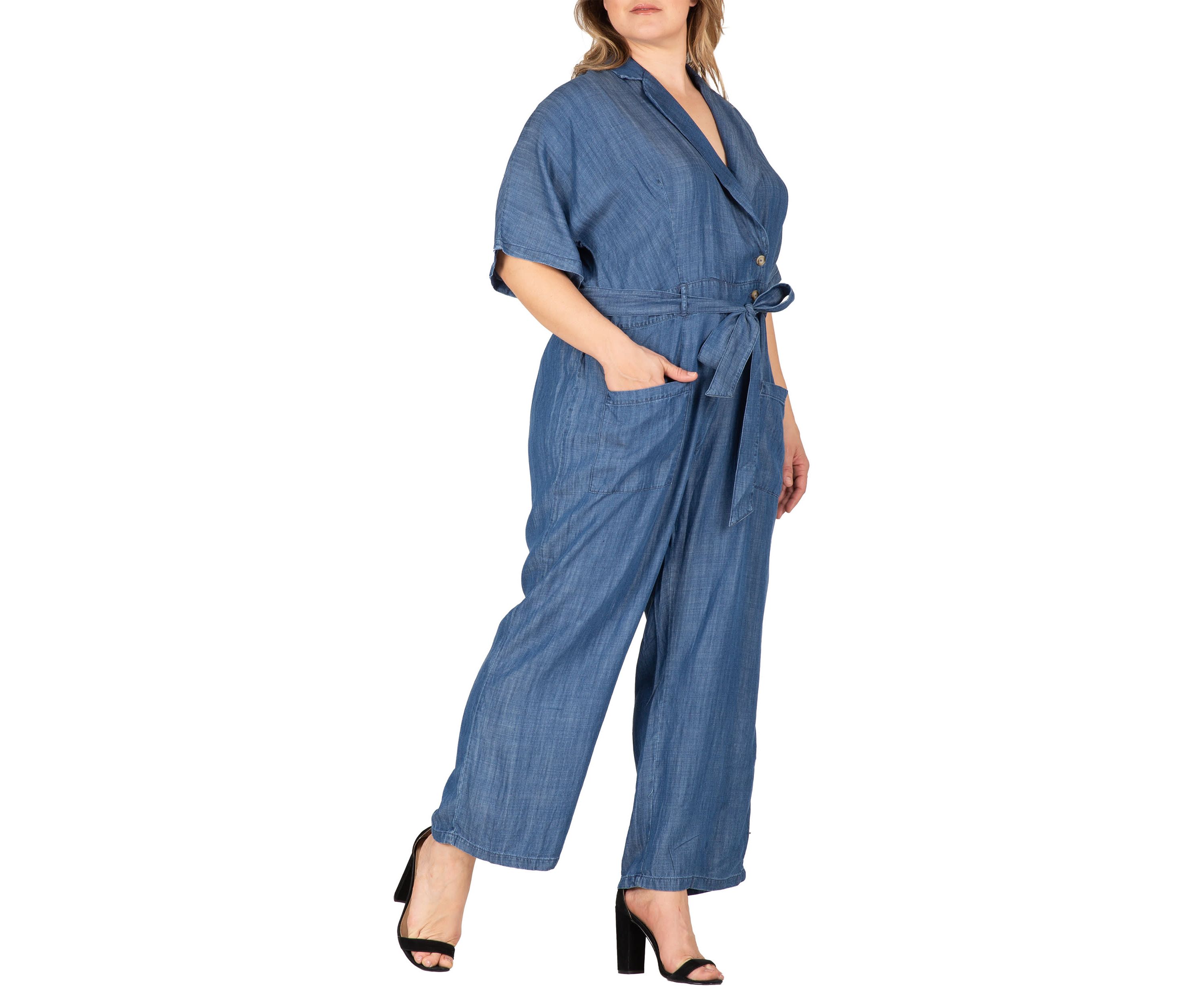 Plus Size Tencel Denim Kimono Sleeves Tie Wrap Jumpsuit