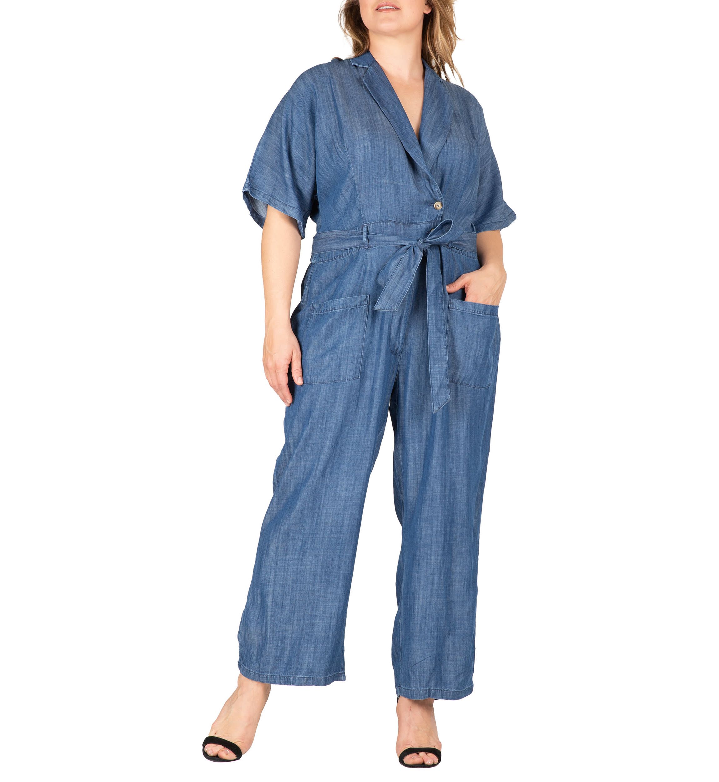 Plus Size Tencel Denim Kimono Sleeves Tie Wrap Jumpsuit