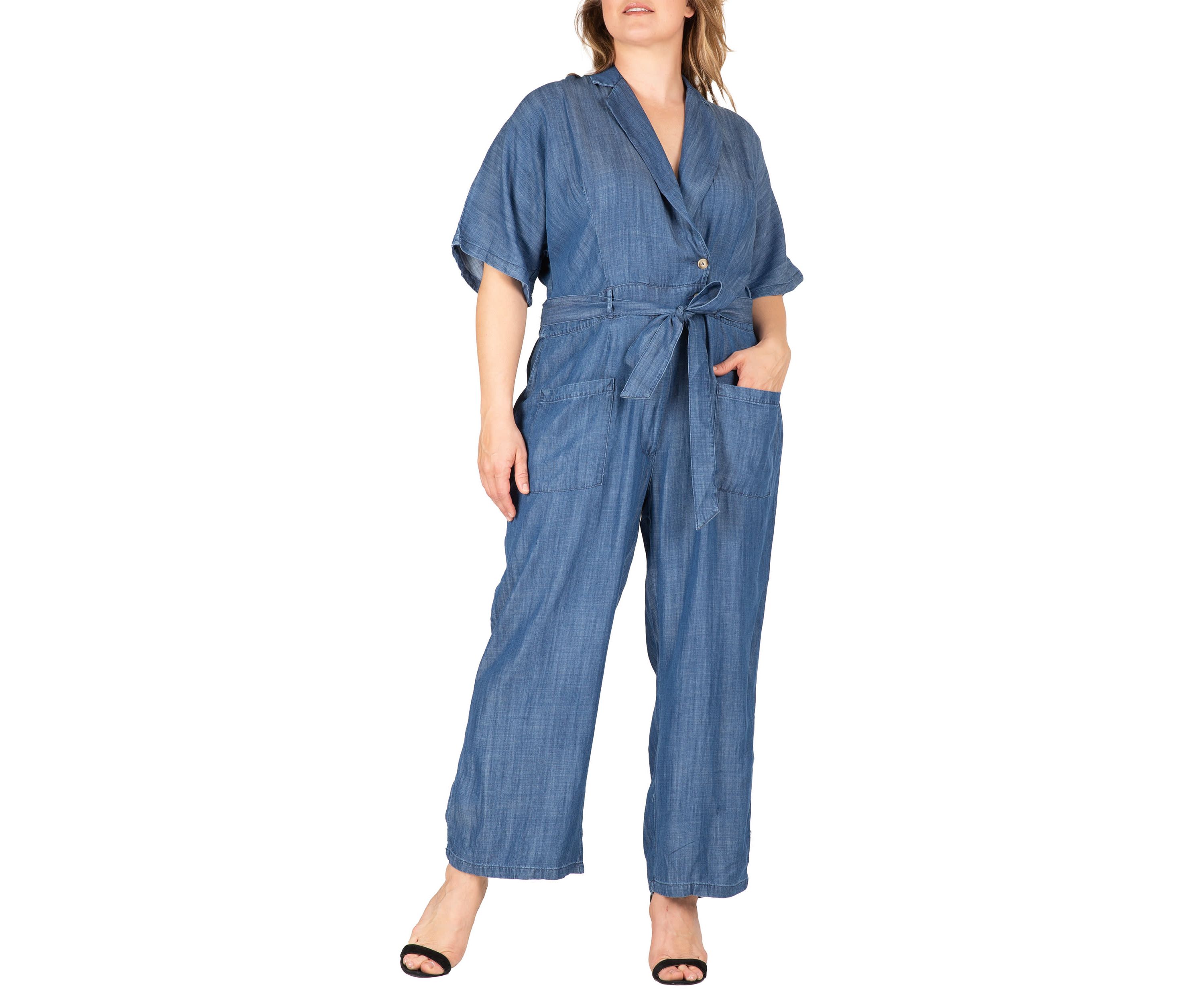 Plus Size Tencel Denim Kimono Sleeves Tie Wrap Jumpsuit