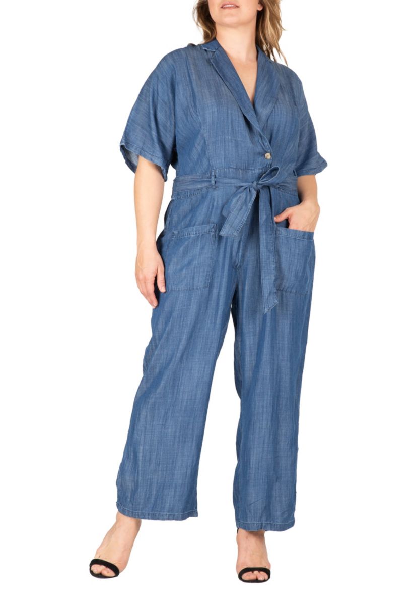 Plus Size Tencel Denim Kimono Sleeves Tie Wrap Jumpsuit