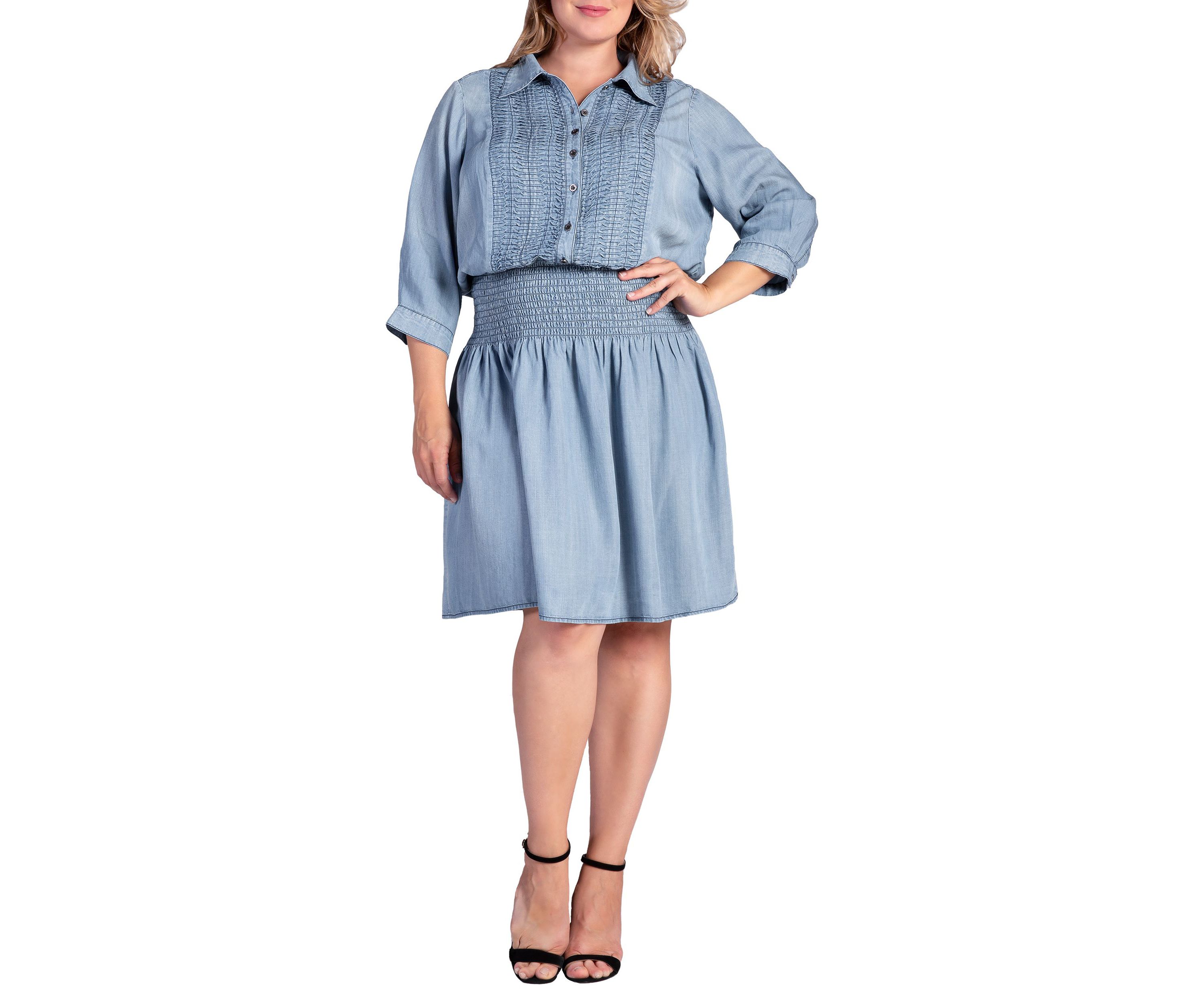 Womens Tencel Smocked Waist Midi Shirt Dress