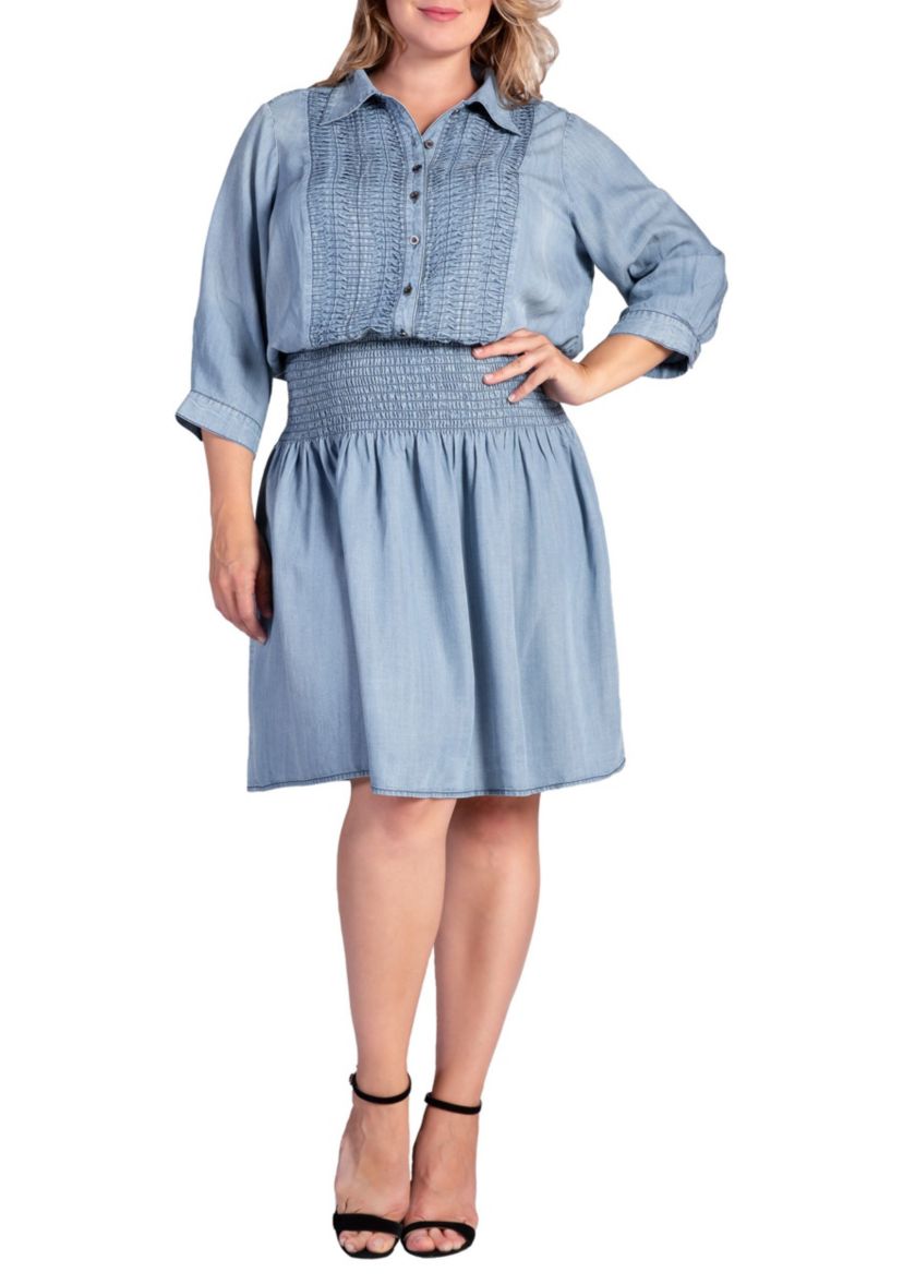 Womens Tencel Smocked Waist Midi Shirt Dress
